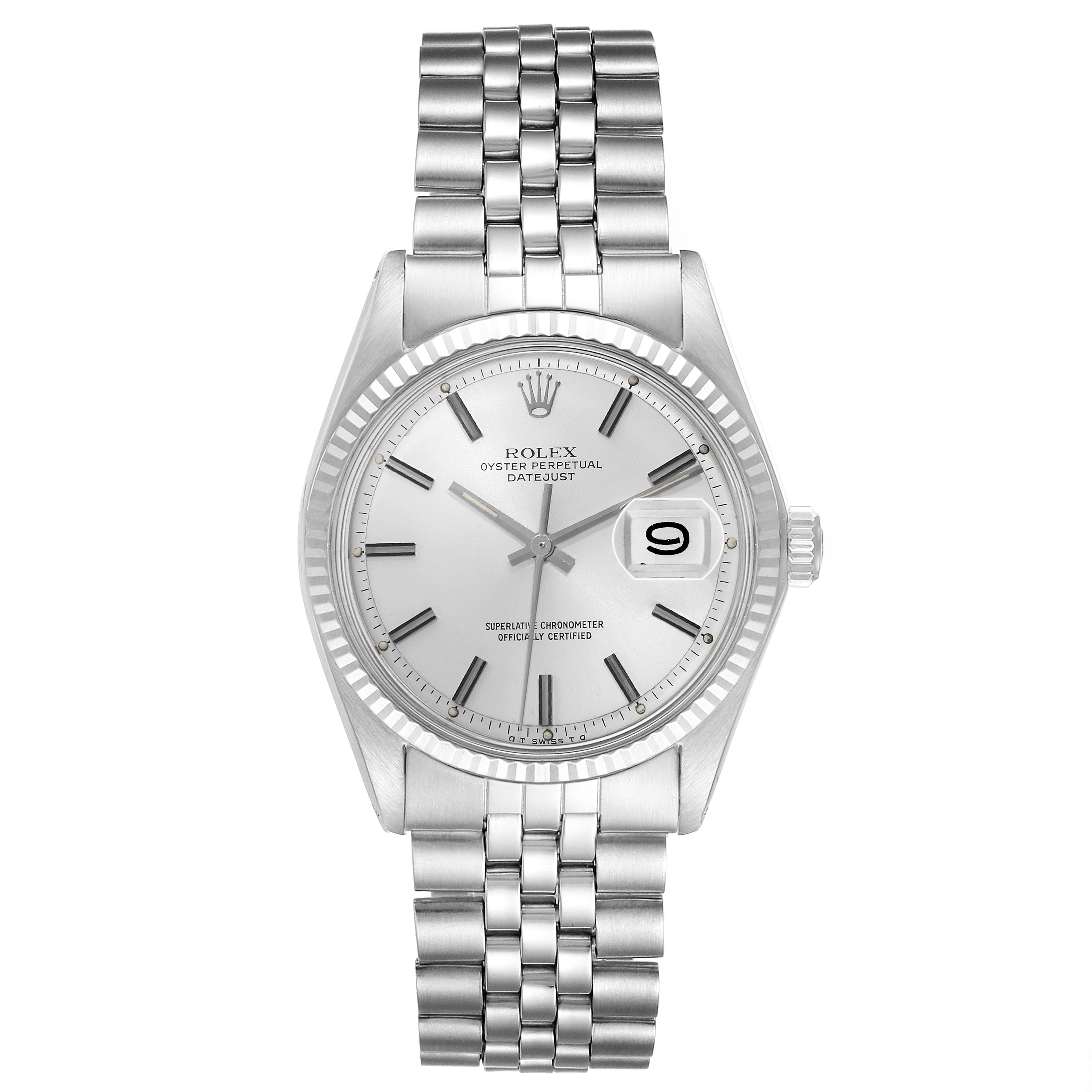 The Rolex Datejust 1601 Men's Stainless Steel White Dial 1601 Men's Stainless Steel White Dial watch is shown from a top-down angle, highlighting the dial, bezel, and bracelet.