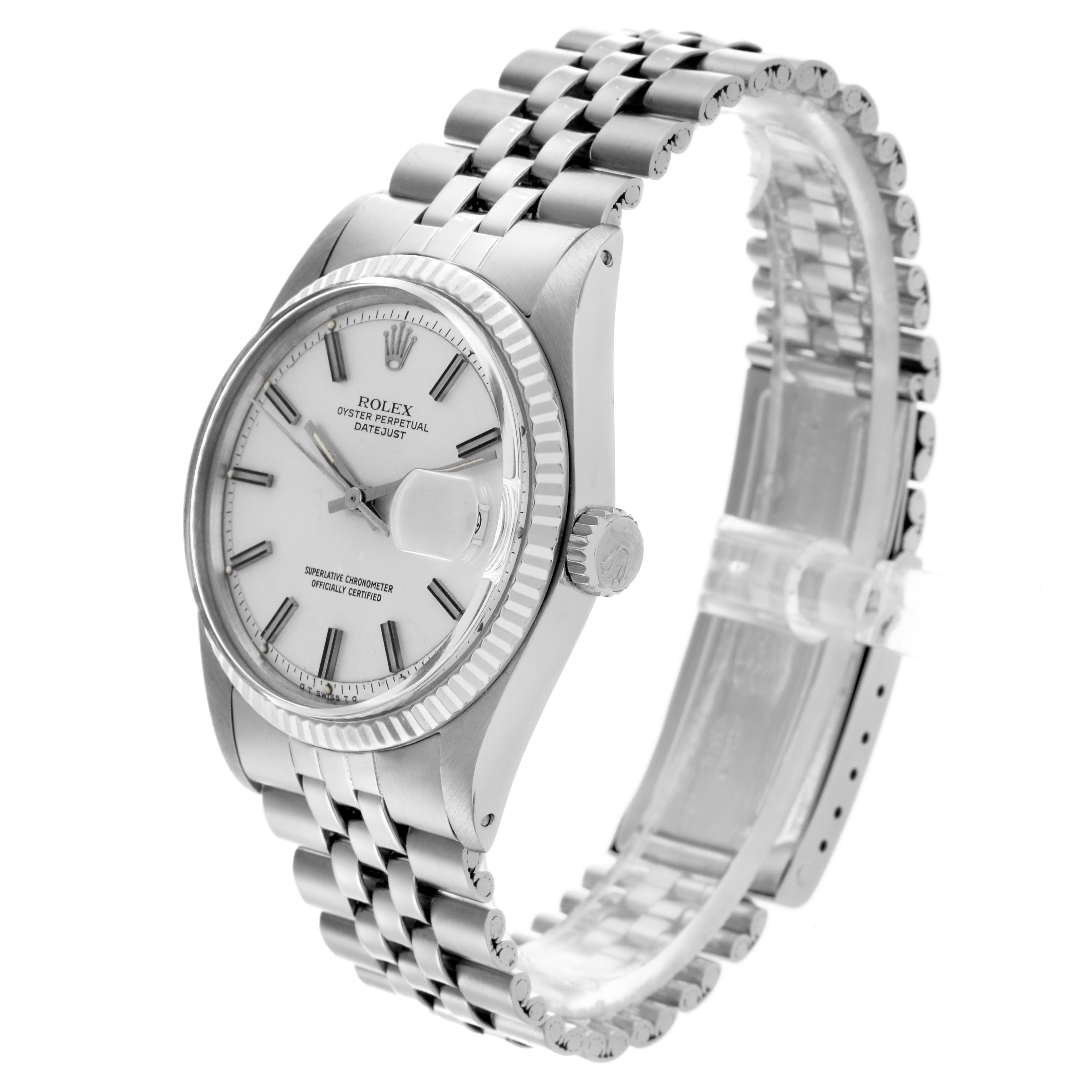 The Rolex Datejust 1601 Men's Stainless Steel White Dial 1601 Men's Stainless Steel White Dial watch is shown at a three-quarter angle, displaying the dial, bezel, bracelet, and crown.