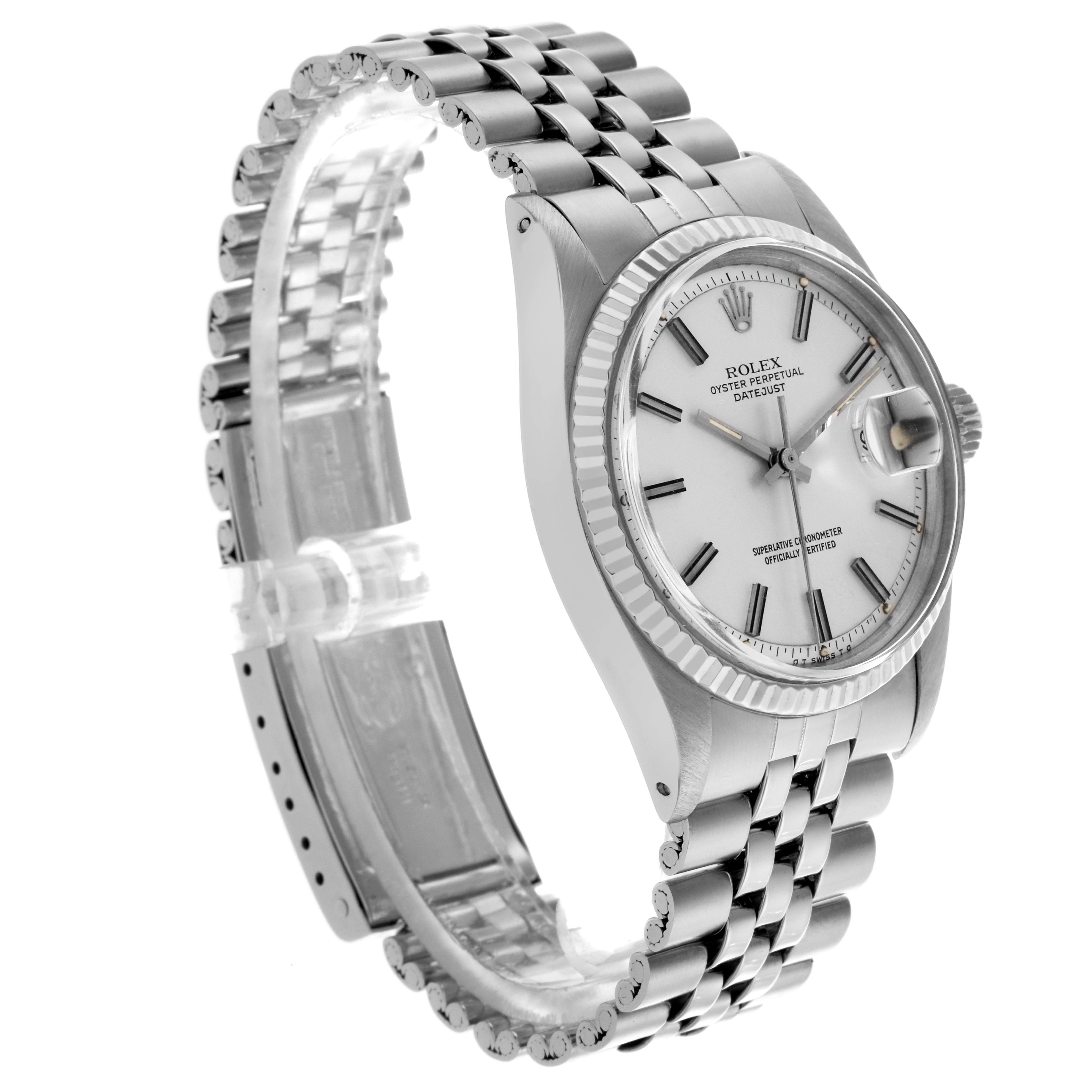 The Rolex Datejust 1601 Men's Stainless Steel White Dial 1601 Men's Stainless Steel White Dial watch is shown at a side angle, highlighting its case, bezel, dial, and bracelet.