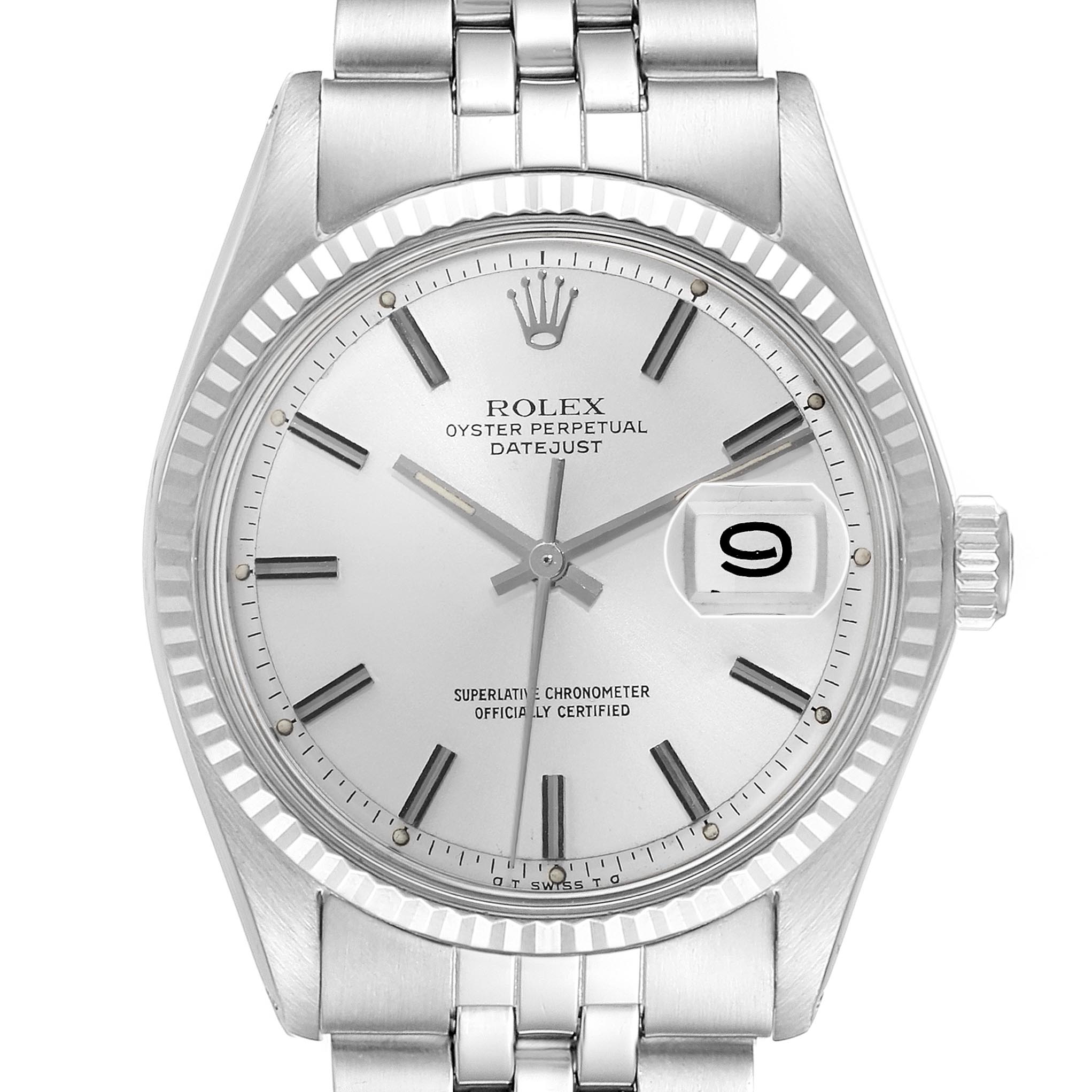 The Rolex Datejust 1601 Men's Stainless Steel White Dial 1601 Men's Stainless Steel White Dial is shown from a front angle, highlighting its silver dial, fluted bezel, bracelet, and date window.