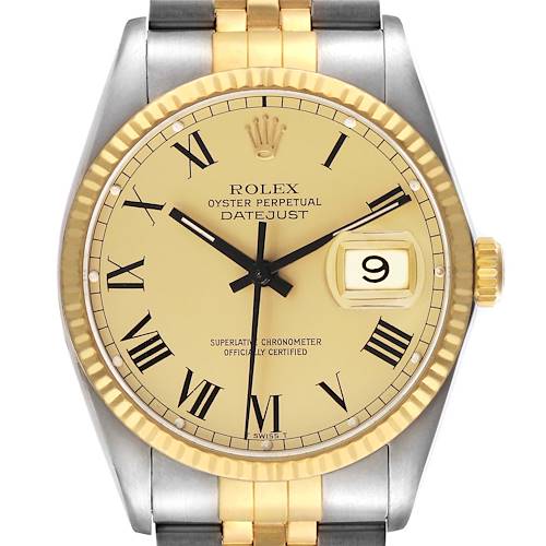 The Rolex Datejust 16013 Men's Steel and Gold (two tone) Champagne Dial watch is shown from a top-down angle, highlighting the dial, bezel, and part of the bracelet.