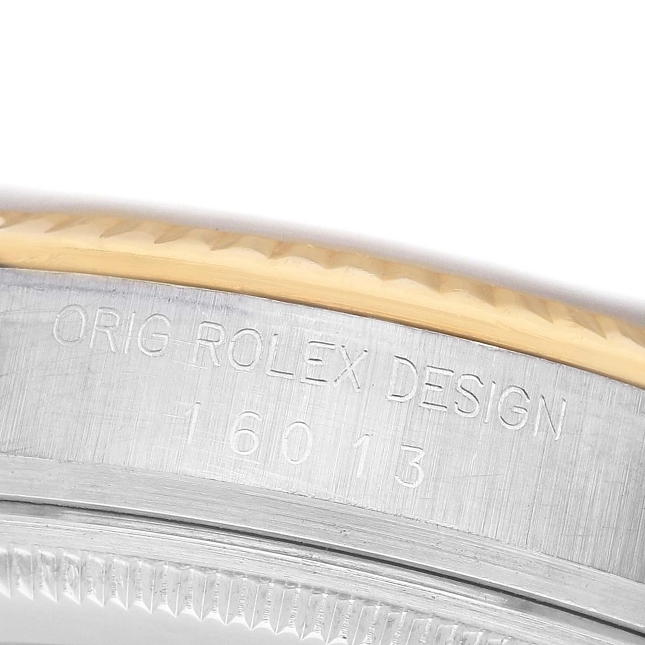 The image shows the side engraving of a Rolex Datejust 16013 Men's Steel and Gold (two tone) Champagne Dial, focusing on the model number and "Orig Rolex Design" text.