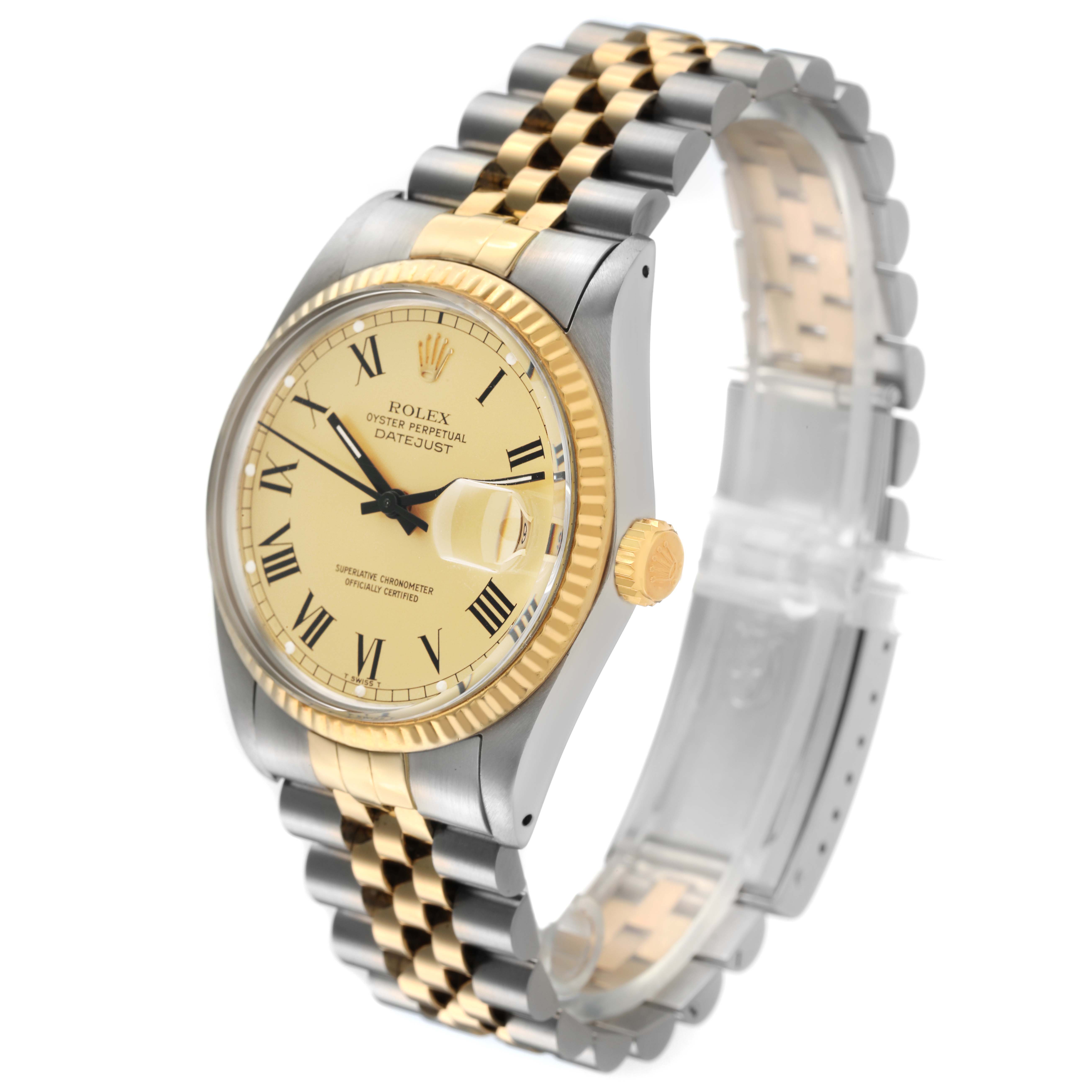 The Rolex Datejust 16013 Men's Steel and Gold (two tone) Champagne Dial watch is shown at a slight angle, displaying the face, bezel, crown, and Jubilee bracelet in gold and silver tones.