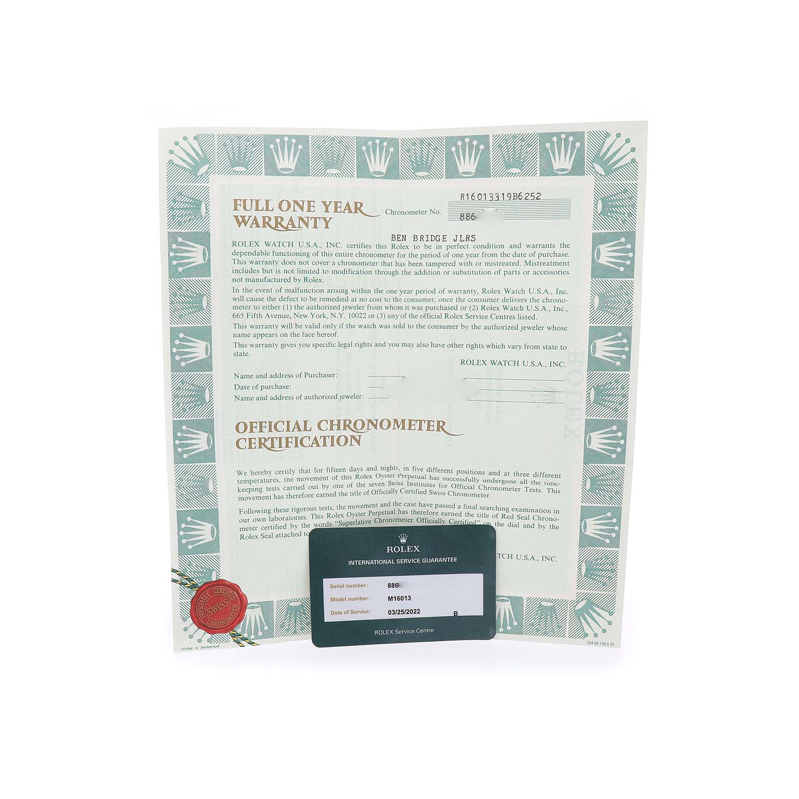 The image shows a Rolex Datejust 16013 Men's Steel and Gold (two tone) Champagne Dial warranty card and chronometer certification document.