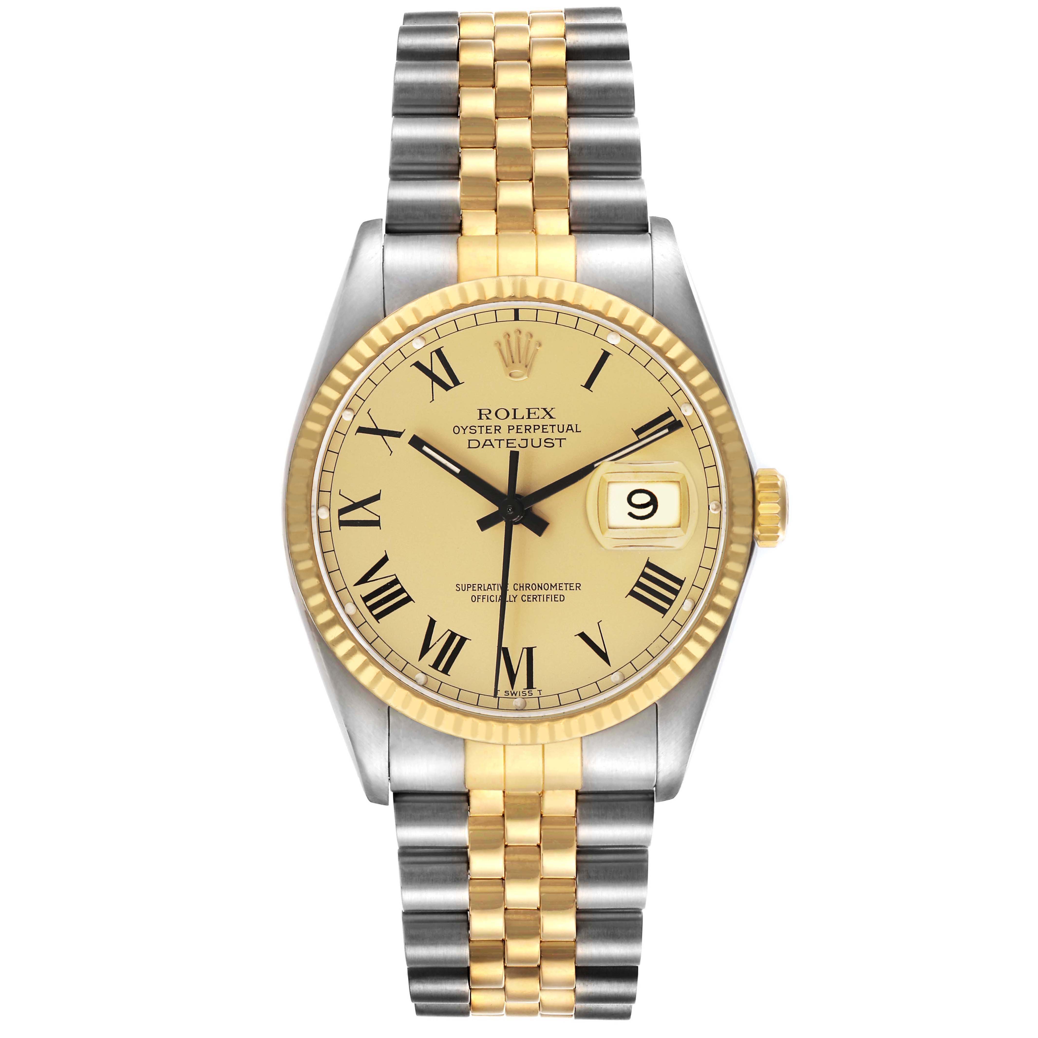 The Rolex Datejust 16013 Men's Steel and Gold (two tone) Champagne Dial watch is shown from a front view, displaying its dial, bezel, and two-tone bracelet.
