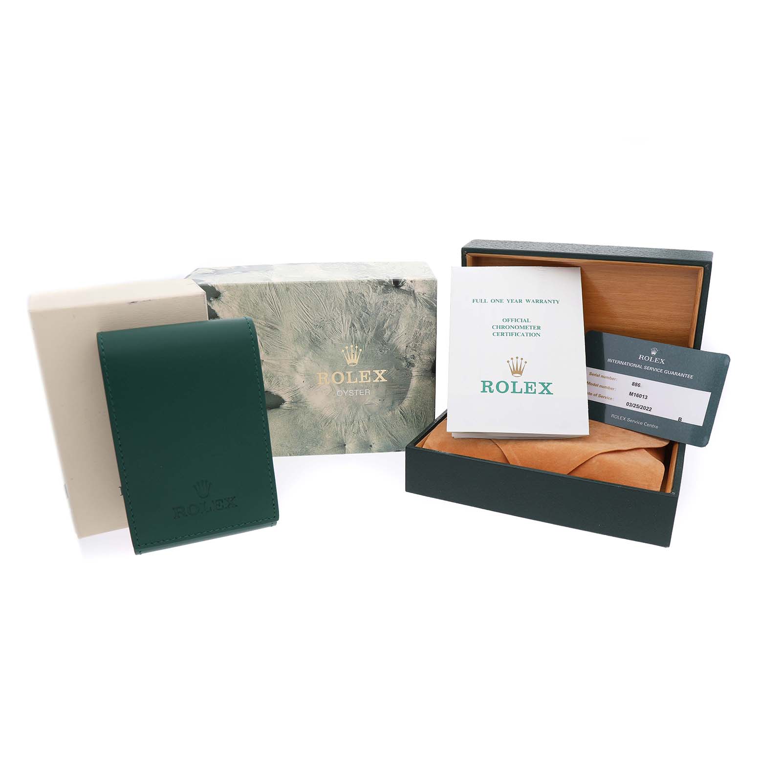 The image shows a Rolex Datejust 16013 Men's Steel and Gold (two tone) Champagne Dial box set with warranty cards and documents, featuring packaging and branding elements.