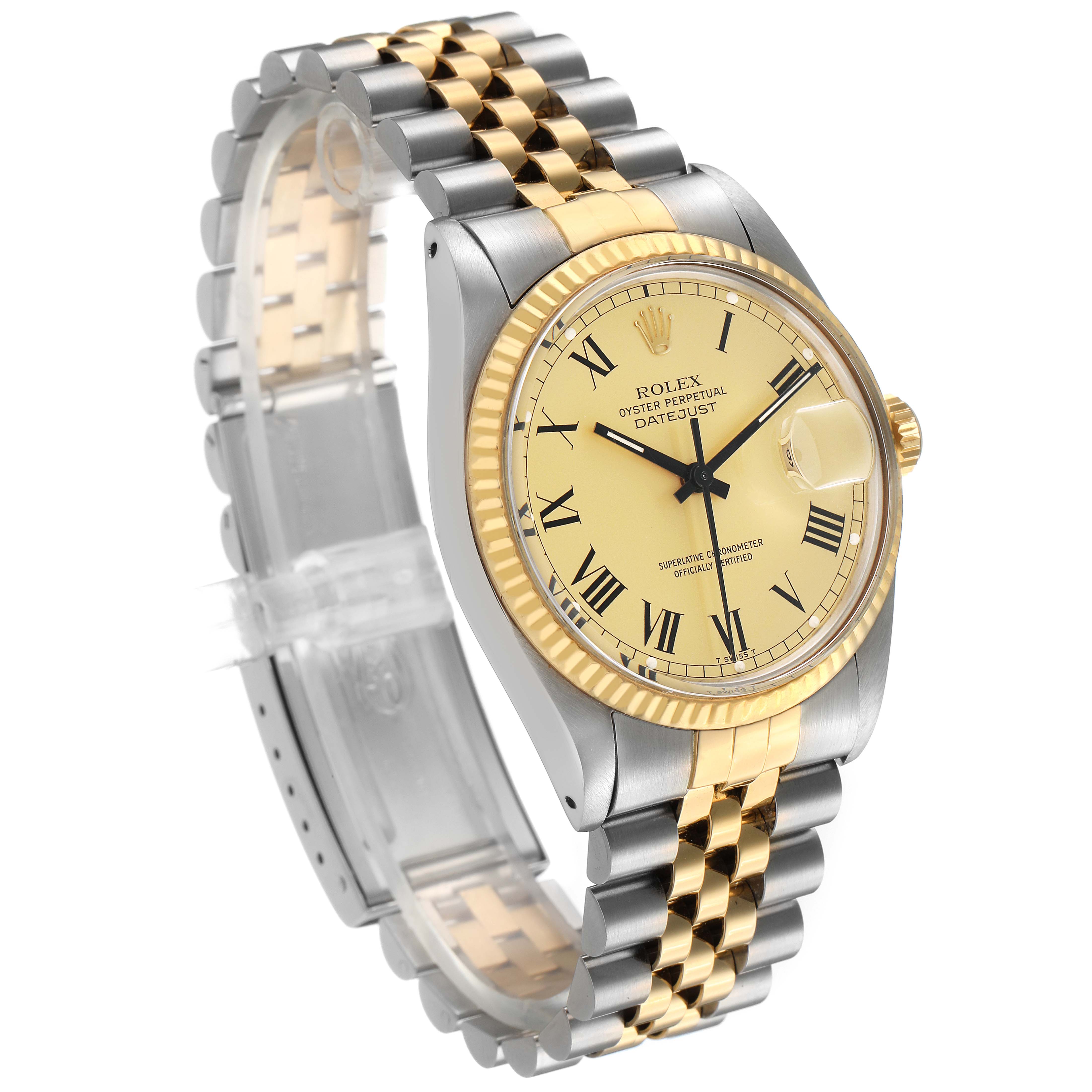 The Rolex Datejust 16013 Men's Steel and Gold (two tone) Champagne Dial watch is shown at a three-quarter angle, displaying its two-tone bracelet, fluted bezel, and face with Roman numerals.