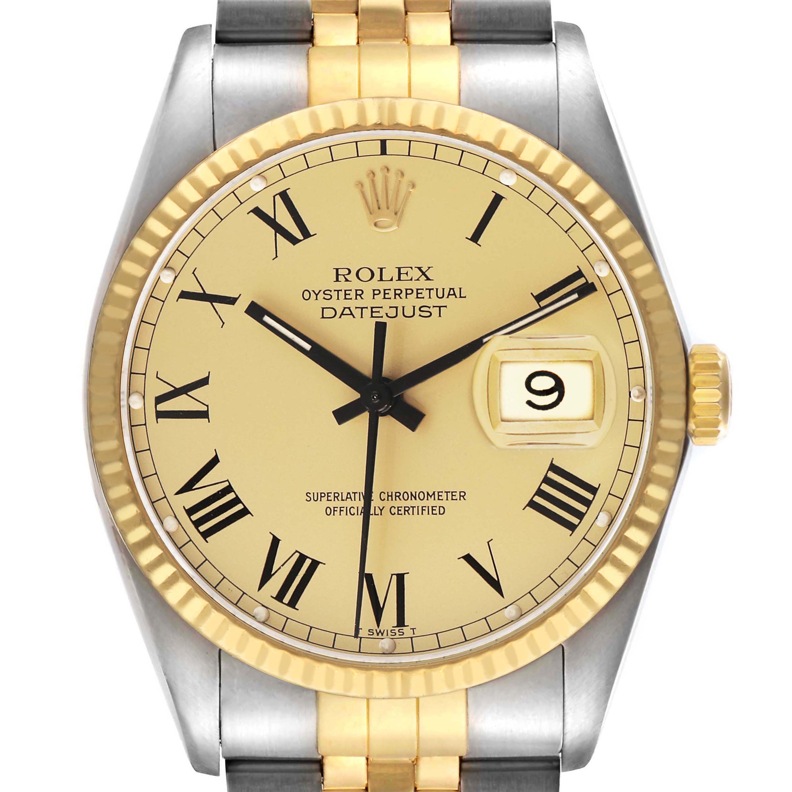 The Rolex Datejust 16013 Men's Steel and Gold (two tone) Champagne Dial watch is shown from the front, highlighting its dial, fluted bezel, hands, and bracelet.