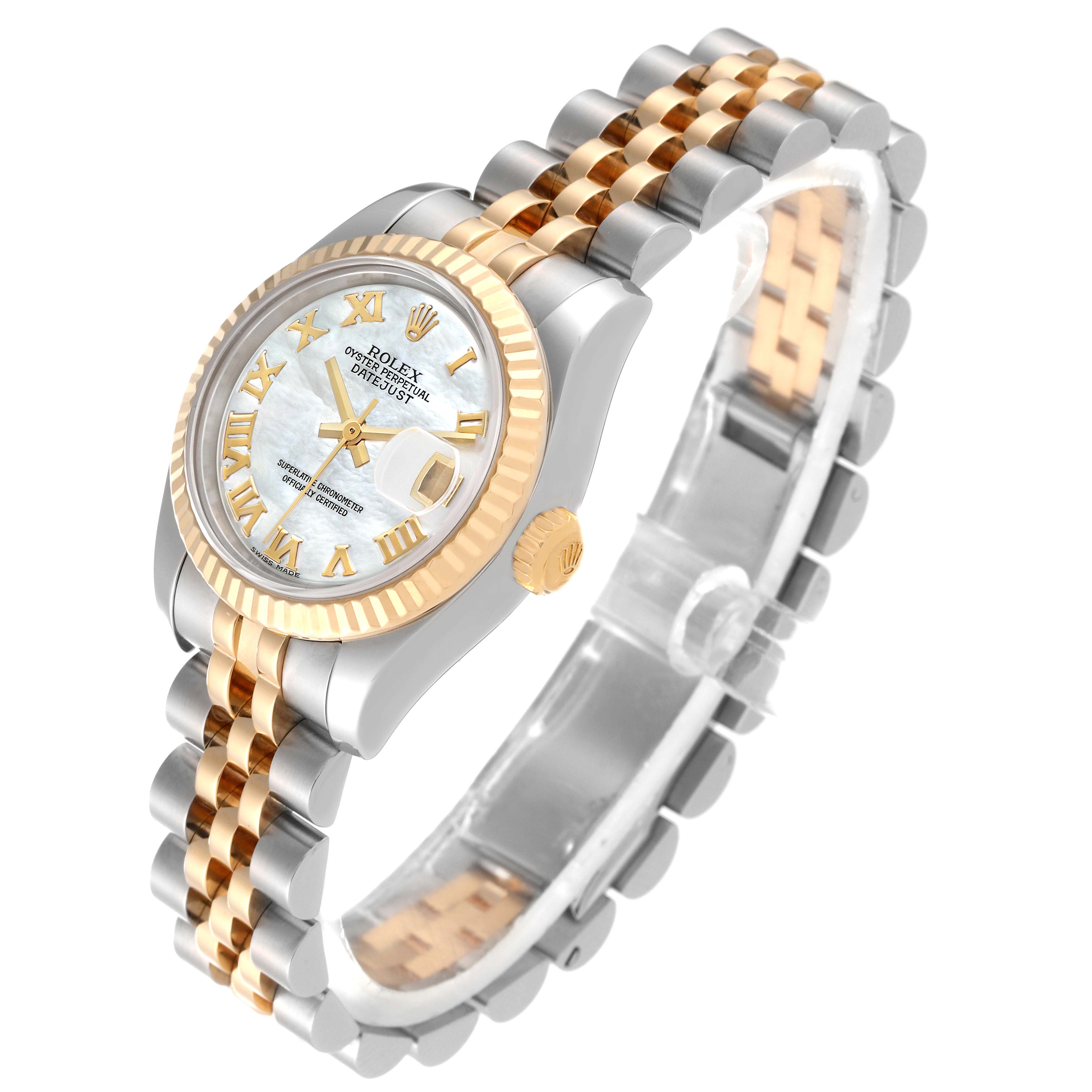 The image shows a Rolex Datejust 179173 Women's Steel and Gold (two tone) Mother of Pearl Dial 179173 Women's Steel and Gold (two tone) Mother of Pearl Dial watch at a three-quarter angle, highlighting its face, bezel, and bracelet.