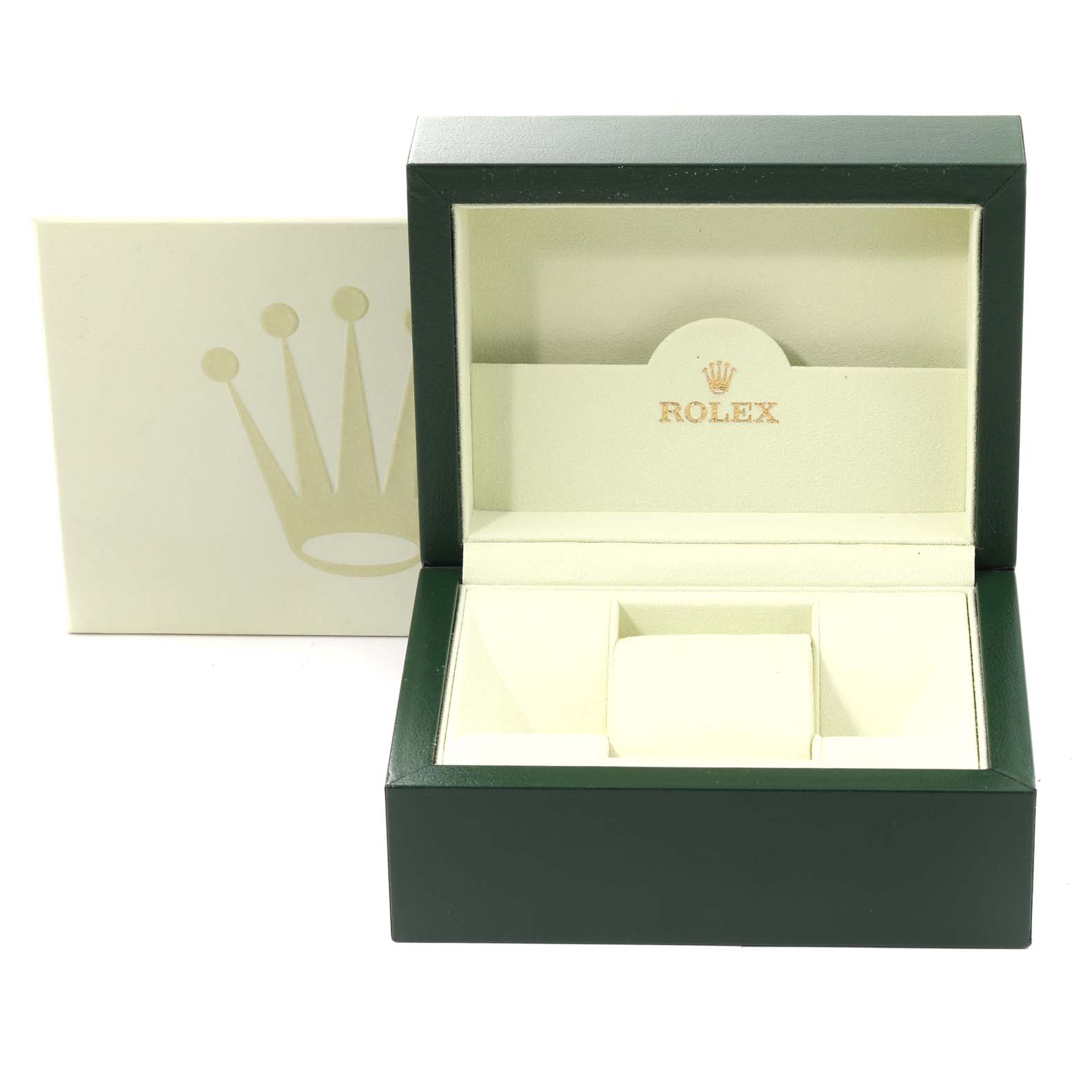 The image shows an open green Rolex box for the Datejust model, with the inner beige lining and the Rolex logo visible.