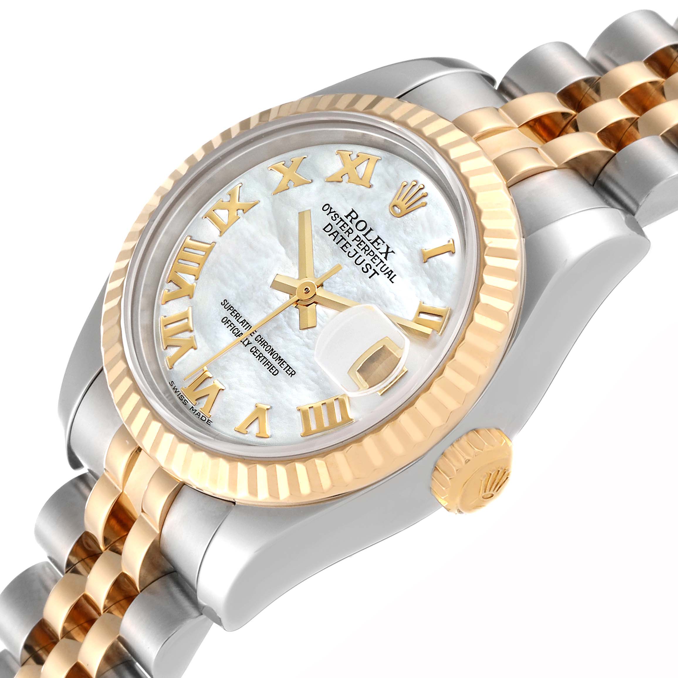 The image shows an angled view of a Rolex Datejust 179173 Women's Steel and Gold (two tone) Mother of Pearl Dial 179173 Women's Steel and Gold (two tone) Mother of Pearl Dial watch, including the face, bezel, crown, and part of the bracelet.