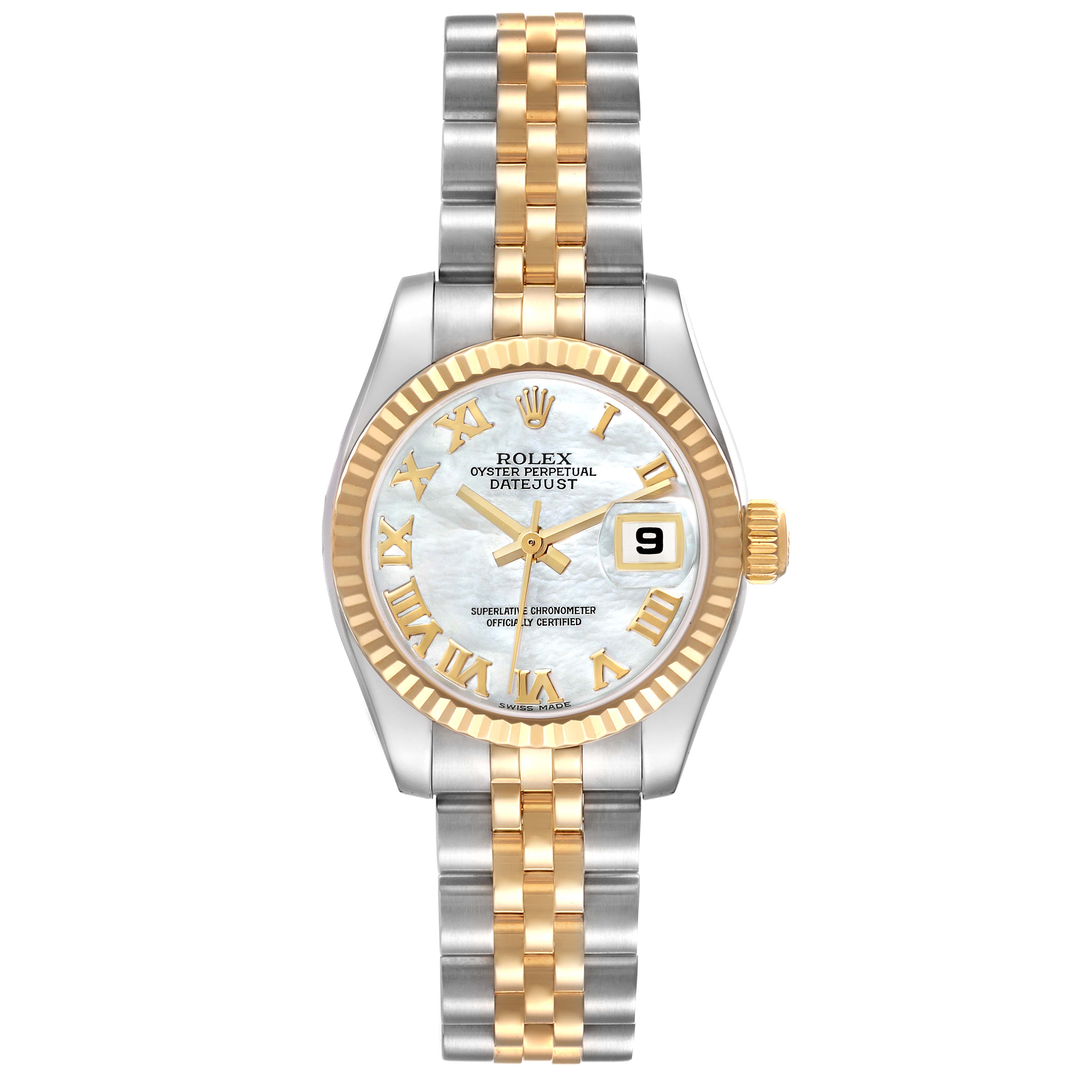 This image shows a Rolex Datejust 179173 Women's Steel and Gold (two tone) Mother of Pearl Dial 179173 Women's Steel and Gold (two tone) Mother of Pearl Dial watch from a front angle, highlighting its two-tone bracelet, mother-of-pearl dial, and date feature.
