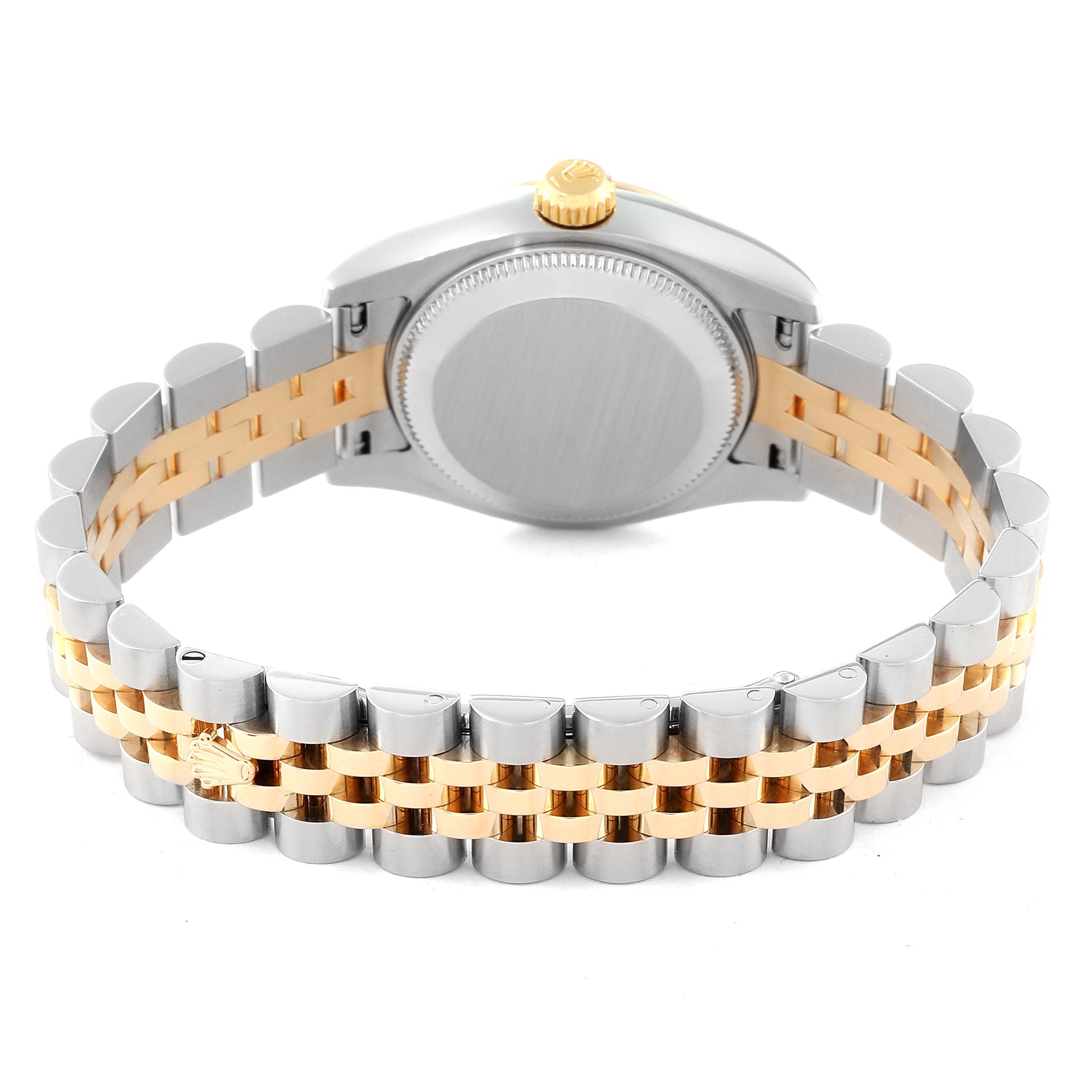 This image shows the back view of a Rolex Datejust 179173 Women's Steel and Gold (two tone) Mother of Pearl Dial 179173 Women's Steel and Gold (two tone) Mother of Pearl Dial, highlighting its stainless steel and gold bracelet.