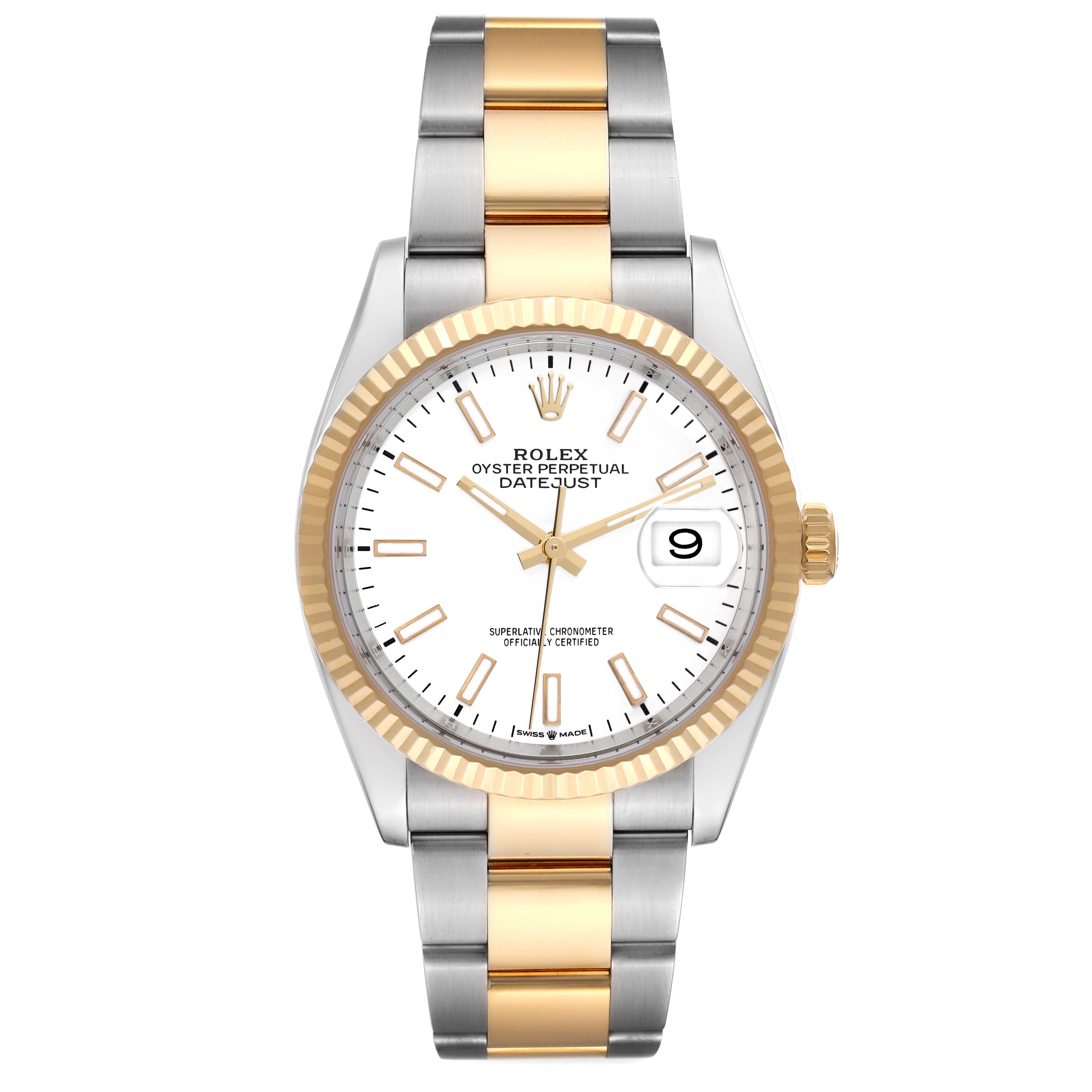 This image shows a front view of a Rolex Datejust 126233 Men's Steel and Gold (two tone) White Dial 126233 Men's Steel and Gold (two tone) White Dial watch, highlighting its face, bezel, and two-tone bracelet.