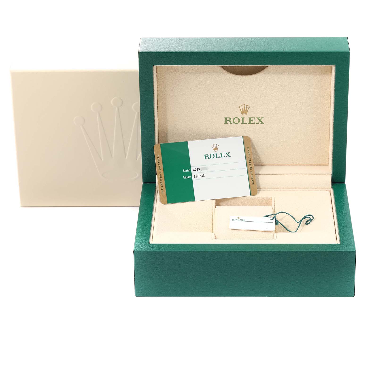 This image shows the packaging and accessories of a Rolex Datejust 126233 Men's Steel and Gold (two tone) White Dial 126233 Men's Steel and Gold (two tone) White Dial, including the box, tag, and authenticity card.