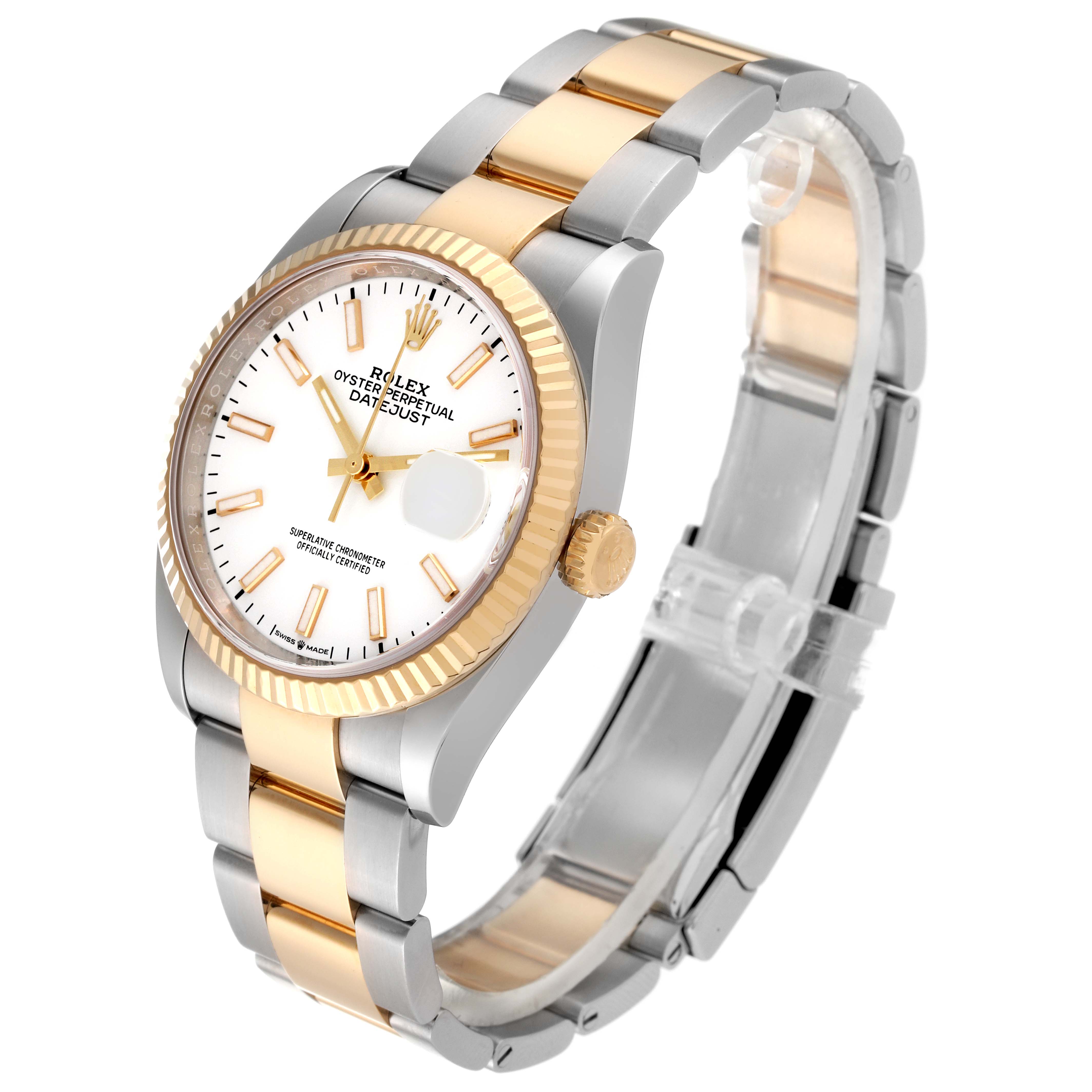 The image shows a Rolex Datejust 126233 Men's Steel and Gold (two tone) White Dial 126233 Men's Steel and Gold (two tone) White Dial watch angled from the right, displaying the face, bezel, crown, and bracelet.