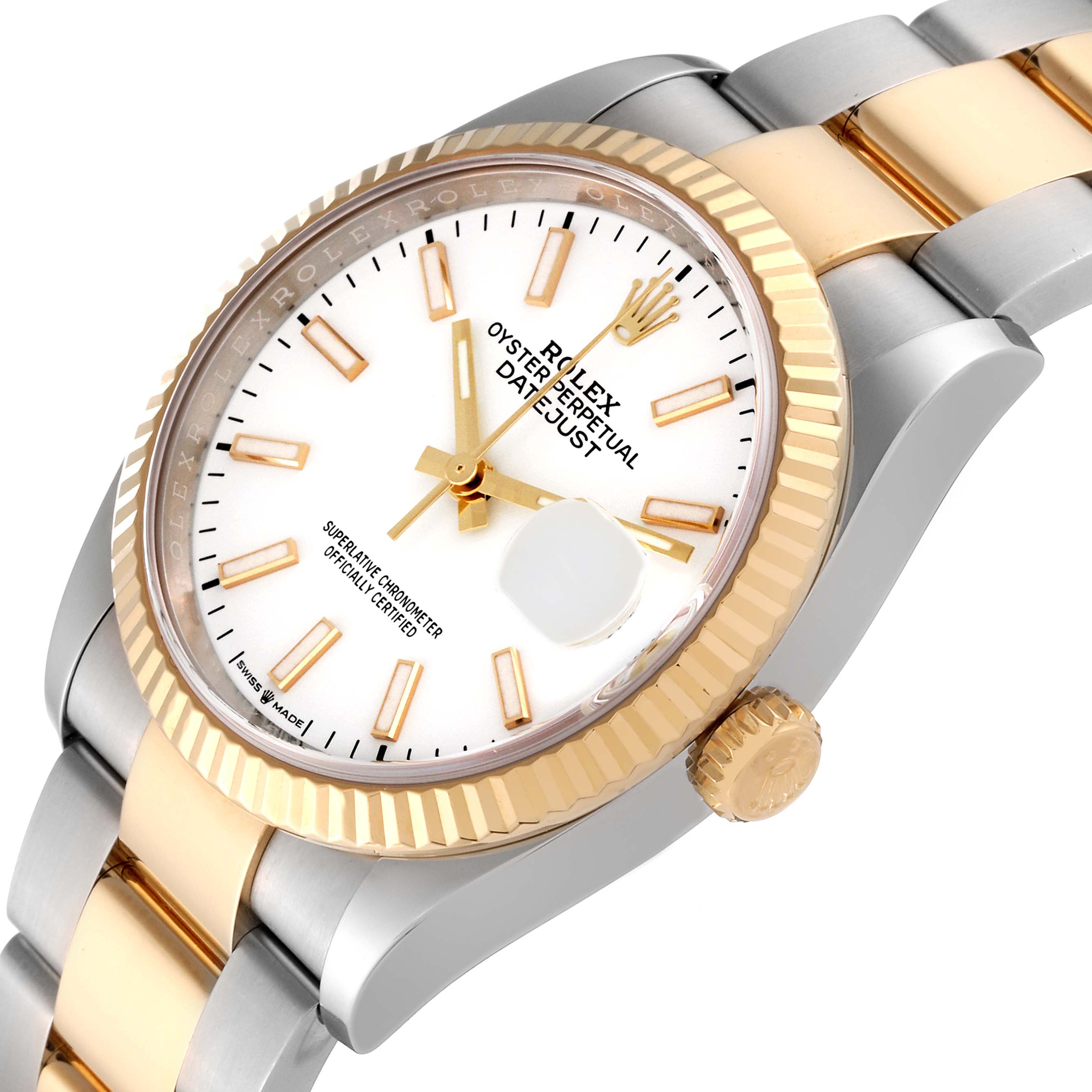 The image shows a close-up angle of the Rolex Datejust 126233 Men's Steel and Gold (two tone) White Dial 126233 Men's Steel and Gold (two tone) White Dial watch, highlighting the dial, bezel, crown, and part of the bracelet.