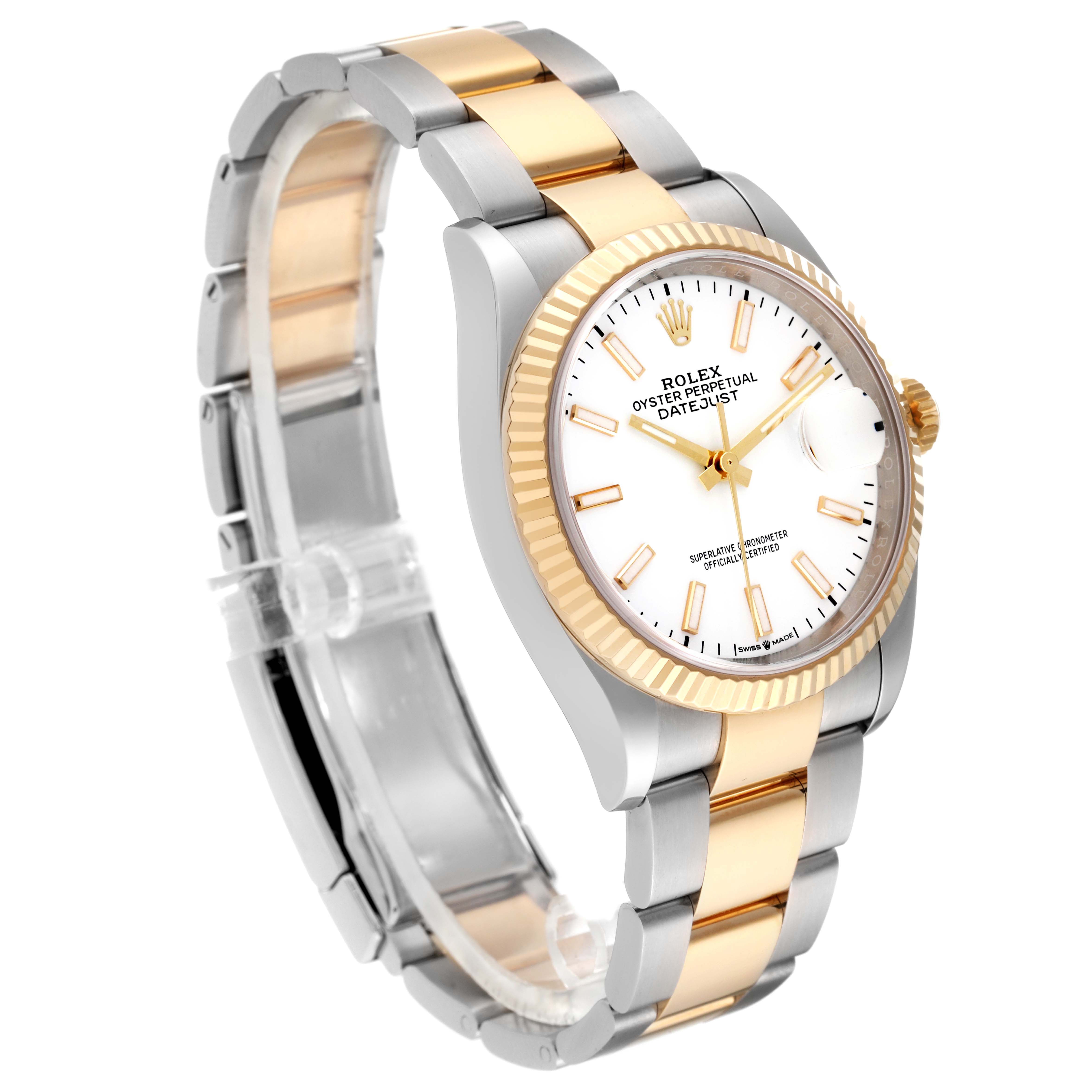The image shows a Rolex Datejust 126233 Men's Steel and Gold (two tone) White Dial 126233 Men's Steel and Gold (two tone) White Dial watch angled to display the face, fluted bezel, and two-tone bracelet.
