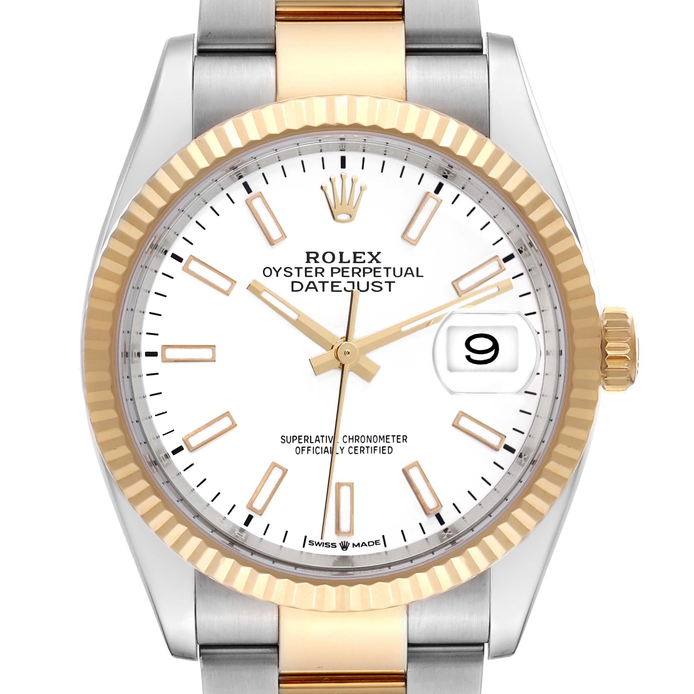 This is a close-up view of a Rolex Datejust 126233 Men's Steel and Gold (two tone) White Dial 126233 Men's Steel and Gold (two tone) White Dial watch showing the face, bezel, and part of the bracelet.