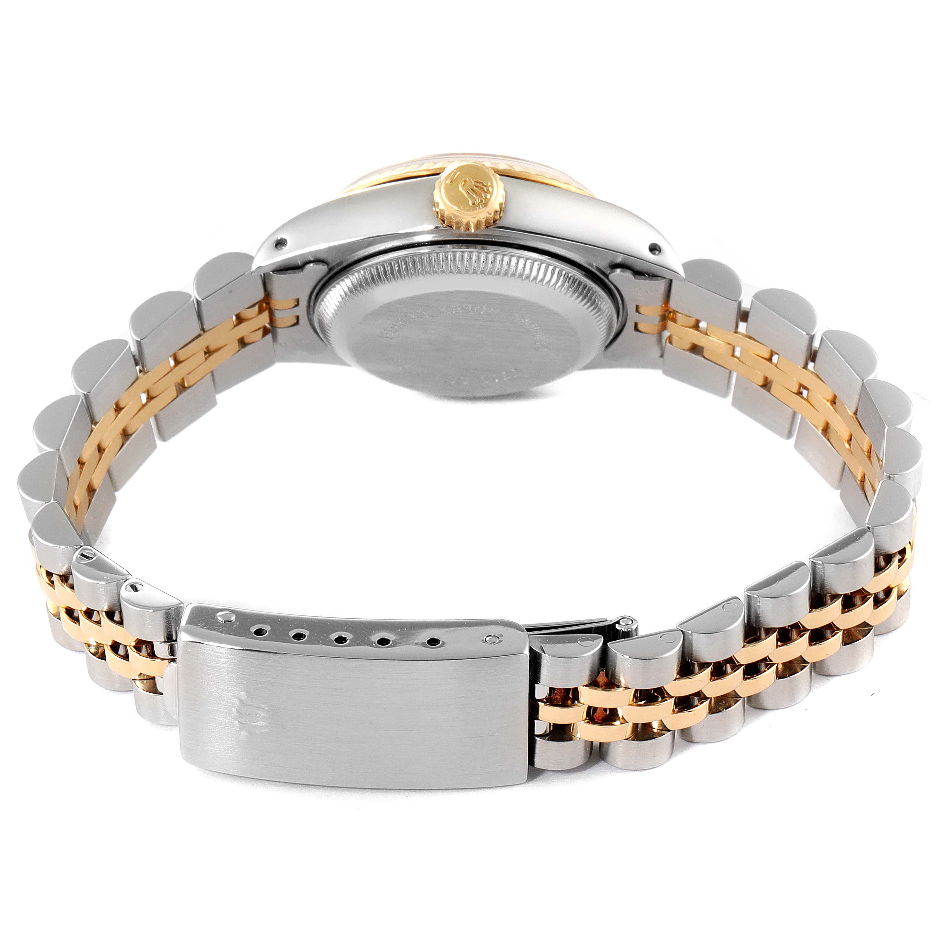 This image shows the back of a Rolex Datejust 69173 Women's Steel and Gold (two tone) White Dial 69173 Women's Steel and Gold (two tone) White Dial watch, highlighting the two-tone bracelet and the case back.