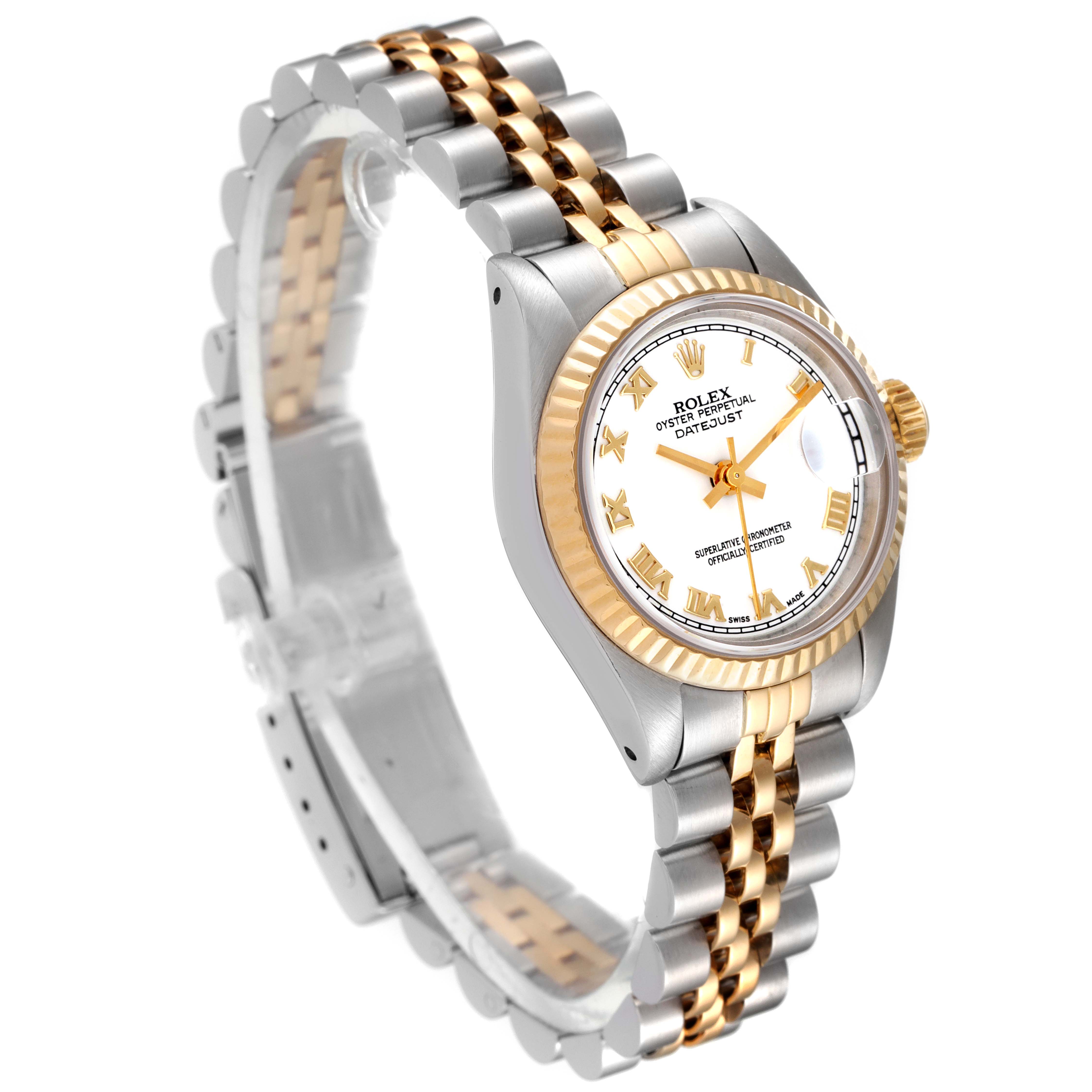 The image shows a Rolex Datejust 69173 Women's Steel and Gold (two tone) White Dial 69173 Women's Steel and Gold (two tone) White Dial watch at a three-quarter angle, highlighting the dial, bezel, and two-tone bracelet.