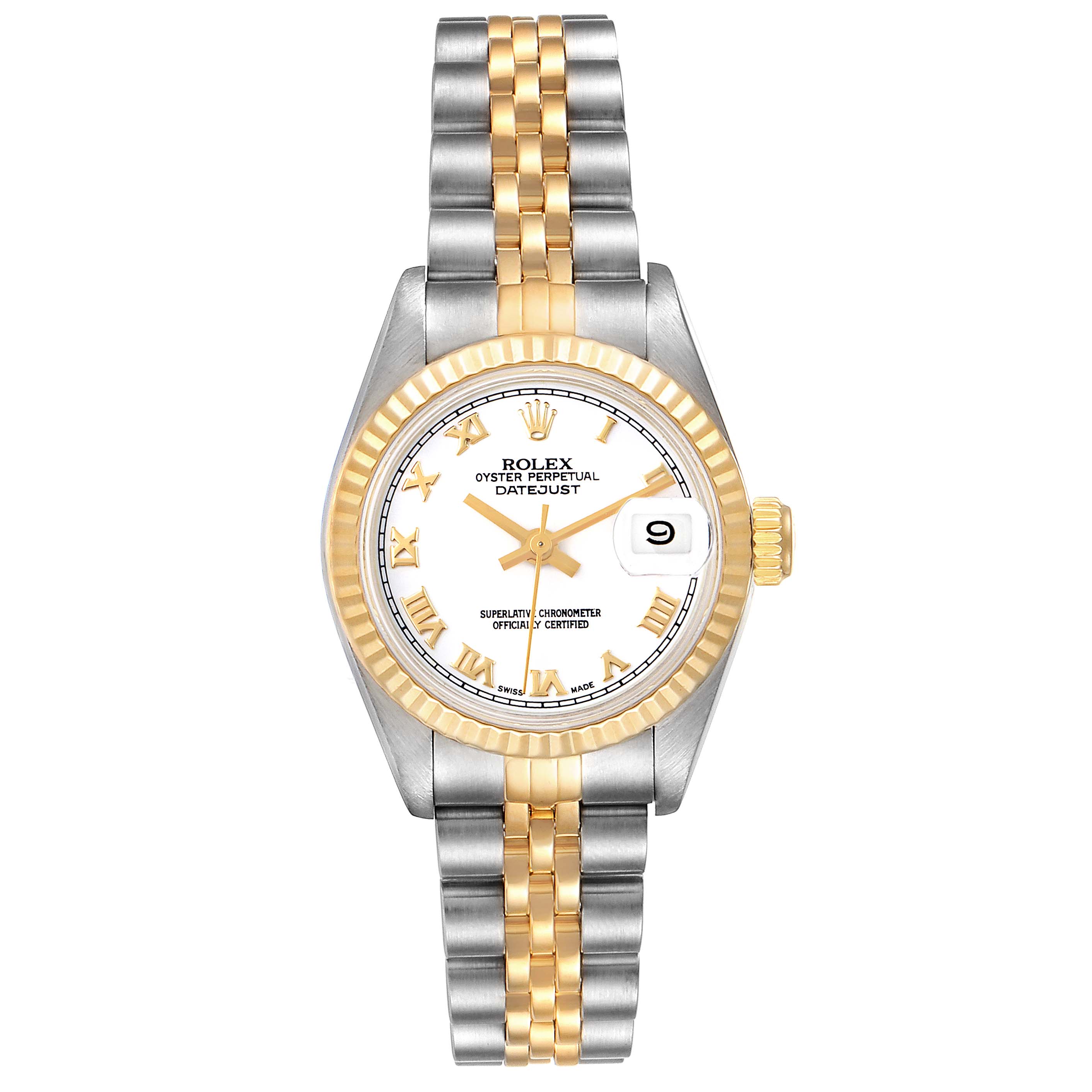This Rolex Datejust 69173 Women's Steel and Gold (two tone) White Dial 69173 Women's Steel and Gold (two tone) White Dial model is shown from a top-down view, displaying its two-tone bracelet, dial, crown, and case.