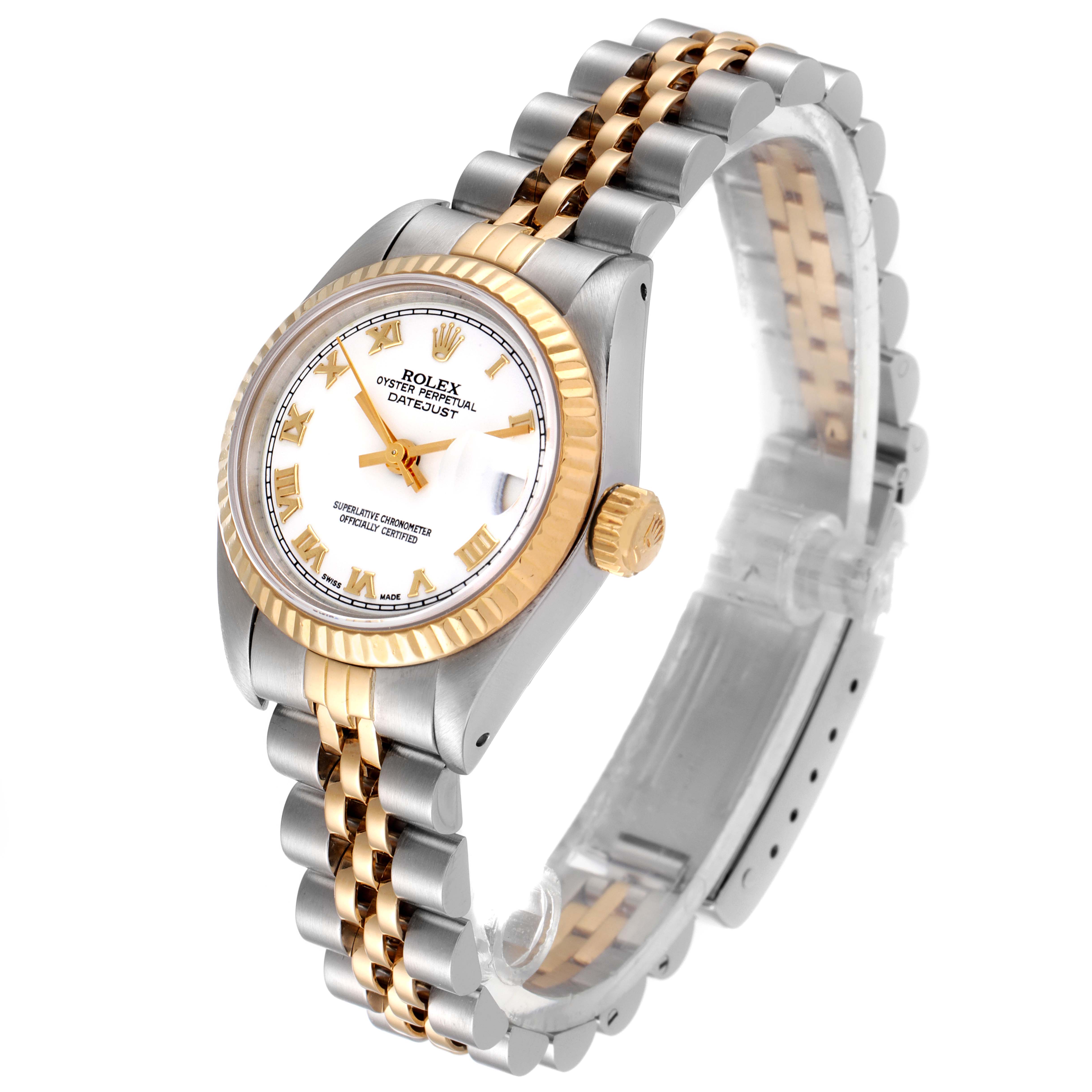 The image shows a Rolex Datejust 69173 Women's Steel and Gold (two tone) White Dial 69173 Women's Steel and Gold (two tone) White Dial watch at an angled view, highlighting its two-tone bracelet, white dial, and fluted gold bezel.