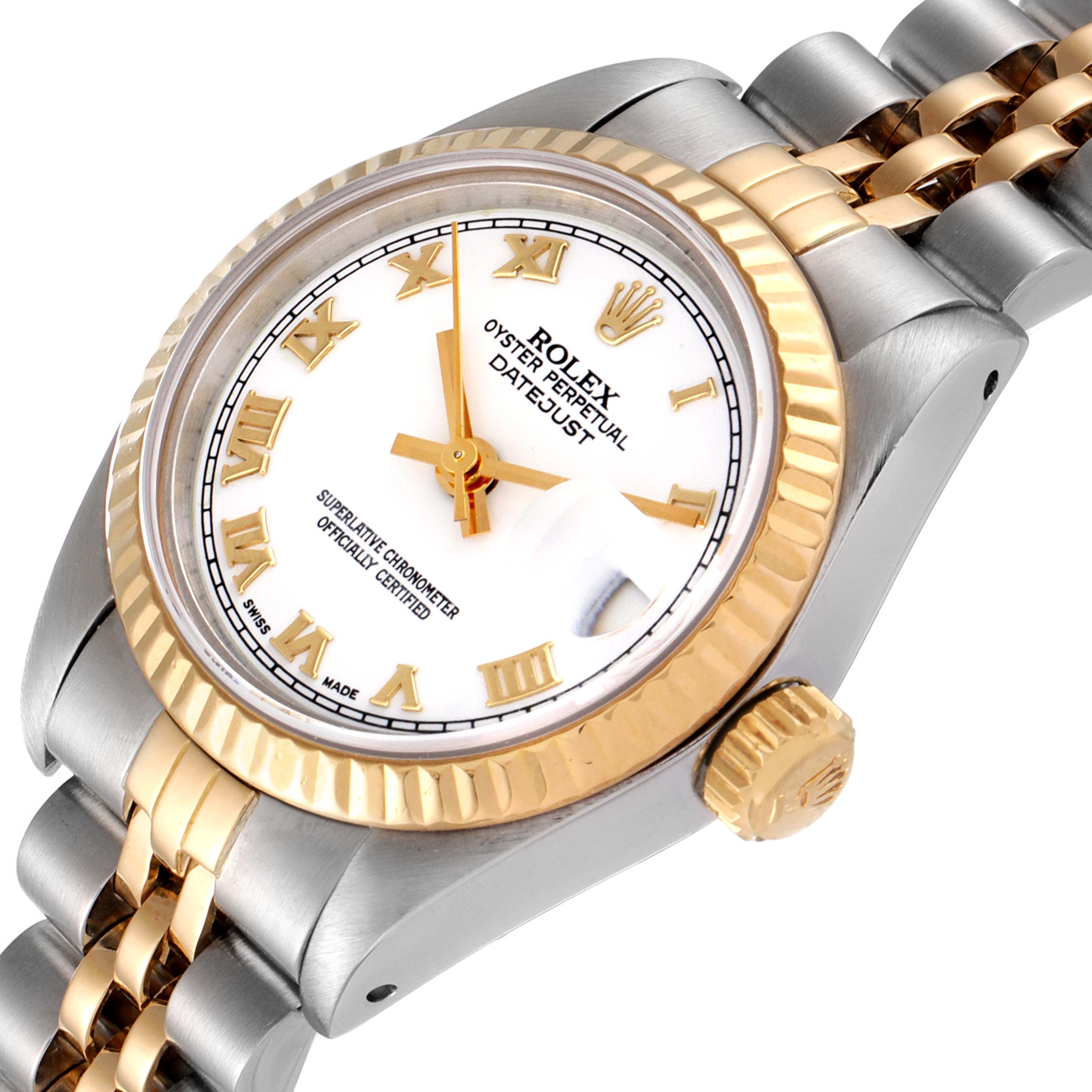 The image shows a close-up angle of a Rolex Datejust 69173 Women's Steel and Gold (two tone) White Dial 69173 Women's Steel and Gold (two tone) White Dial watch, highlighting the dial, bezel, crown, and part of the bracelet.