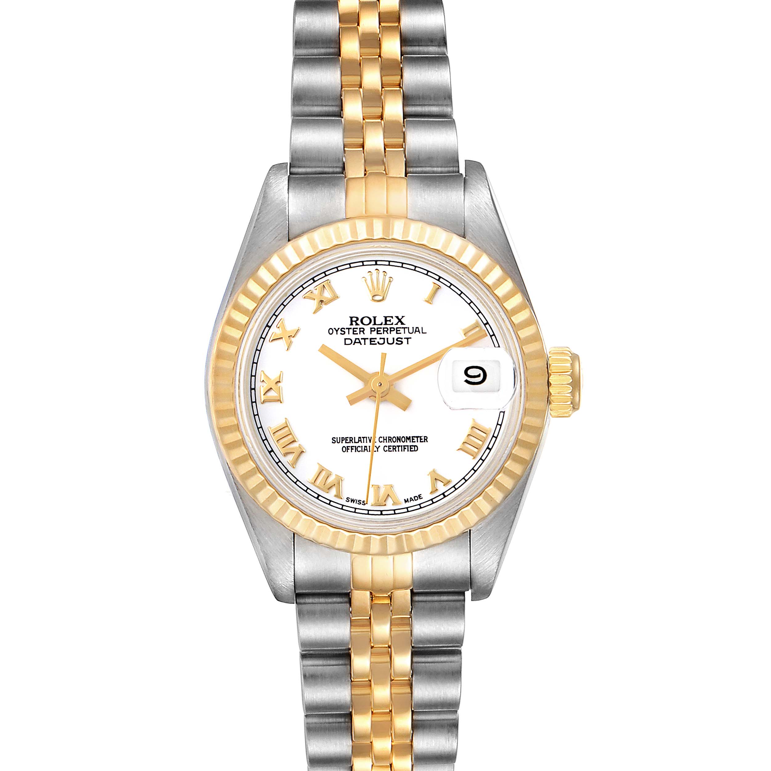The image shows a frontal view of a Rolex Datejust 69173 Women's Steel and Gold (two tone) White Dial 69173 Women's Steel and Gold (two tone) White Dial watch, highlighting its two-tone bracelet, fluted bezel, and date window.