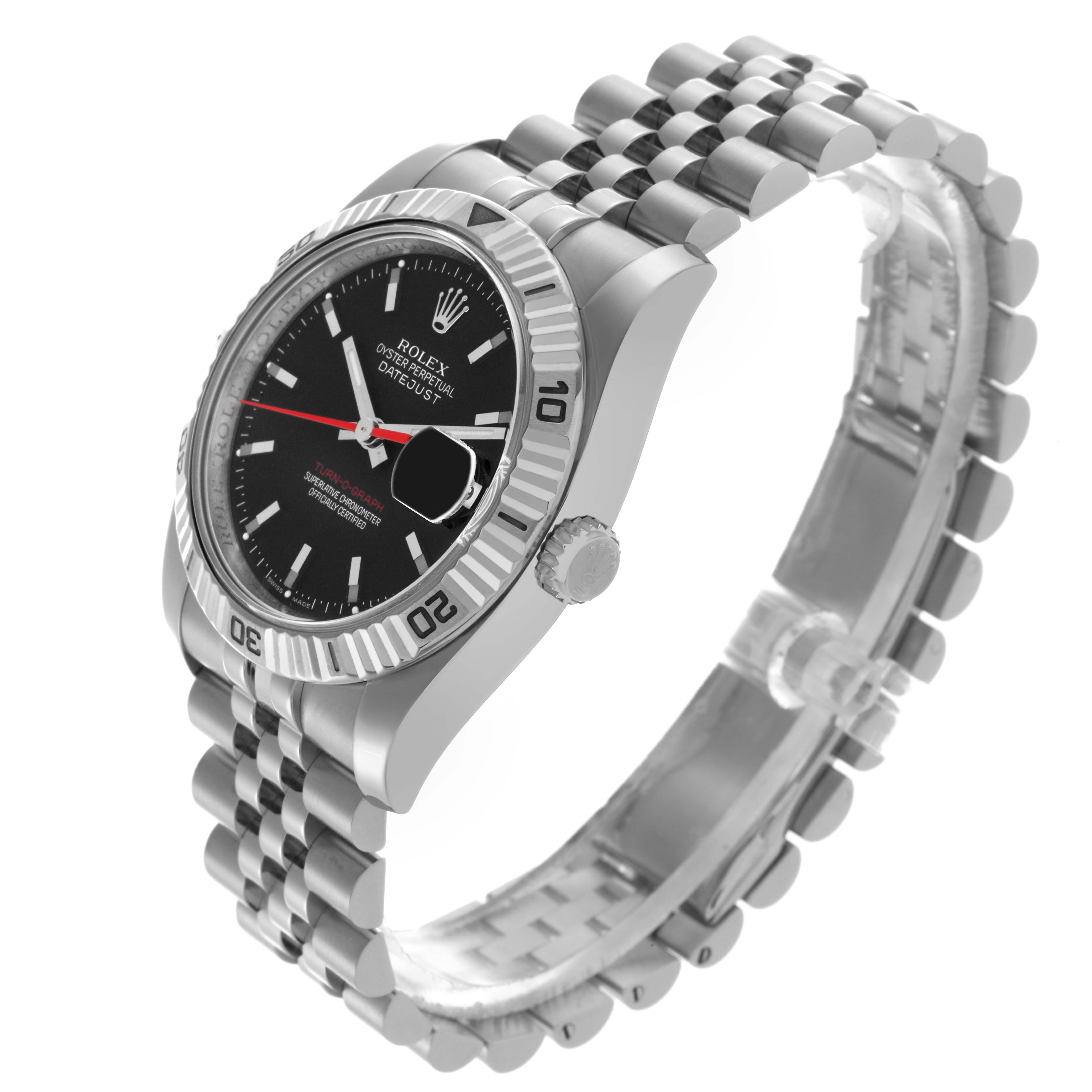 The Rolex Turn-o-Graph 116264 Men's Stainless Steel Black Dial 116264 Men's Stainless Steel Black Dial watch is shown at an angled side view, highlighting the bezel, black dial, crown, and jubilee bracelet.