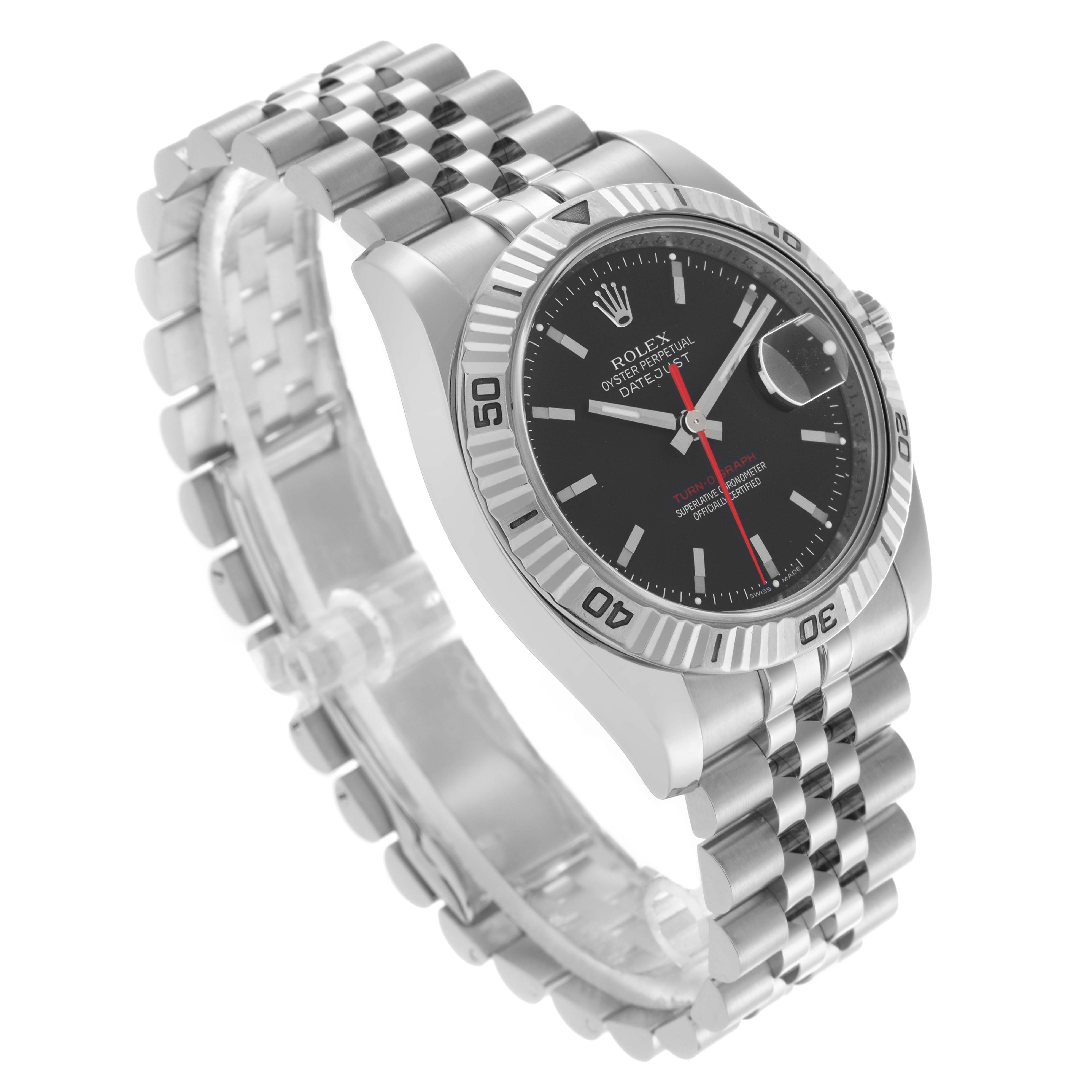 The image shows a Rolex Turn-o-Graph 116264 Men's Stainless Steel Black Dial 116264 Men's Stainless Steel Black Dial watch at a slight angle, highlighting its bezel, dial, bracelet, and crown.