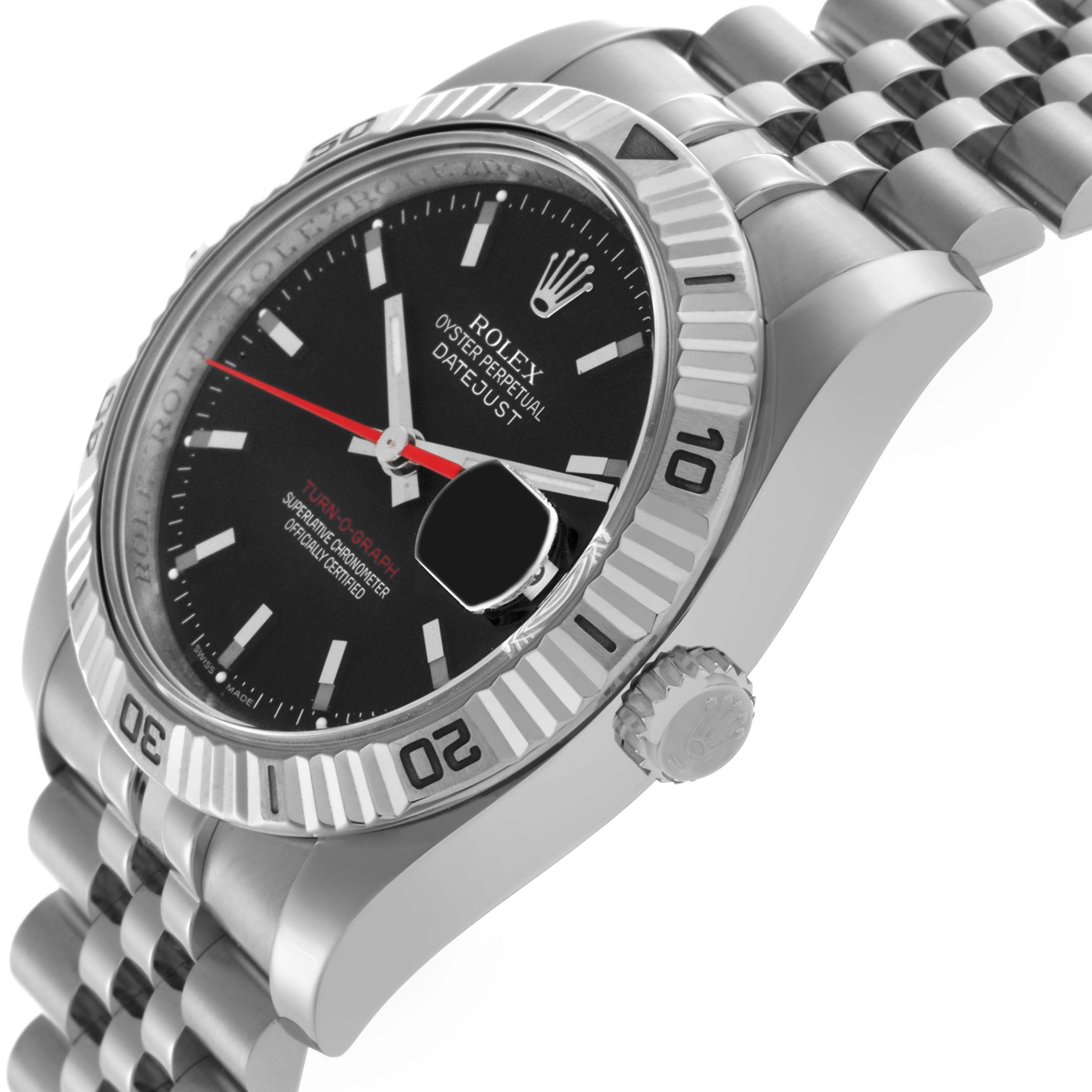 The Rolex Turn-o-Graph 116264 Men's Stainless Steel Black Dial 116264 Men's Stainless Steel Black Dial watch is shown at an angled view, displaying the bezel, crown, face, and part of the bracelet.