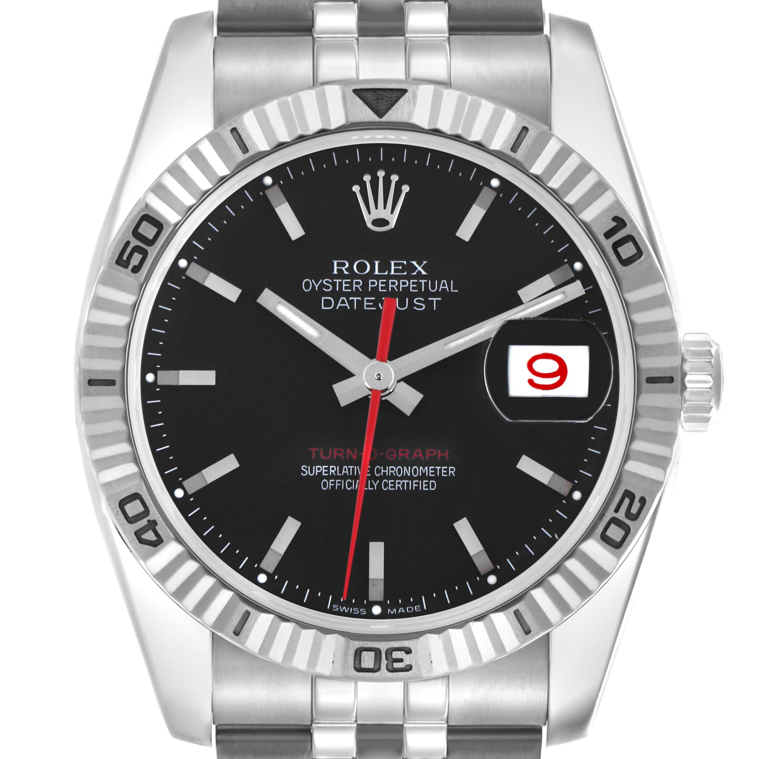 The Rolex Turn-o-Graph 116264 Men's Stainless Steel Black Dial 116264 Men's Stainless Steel Black Dial watch is shown from a front angle, highlighting the dial, bezel, and crown.
