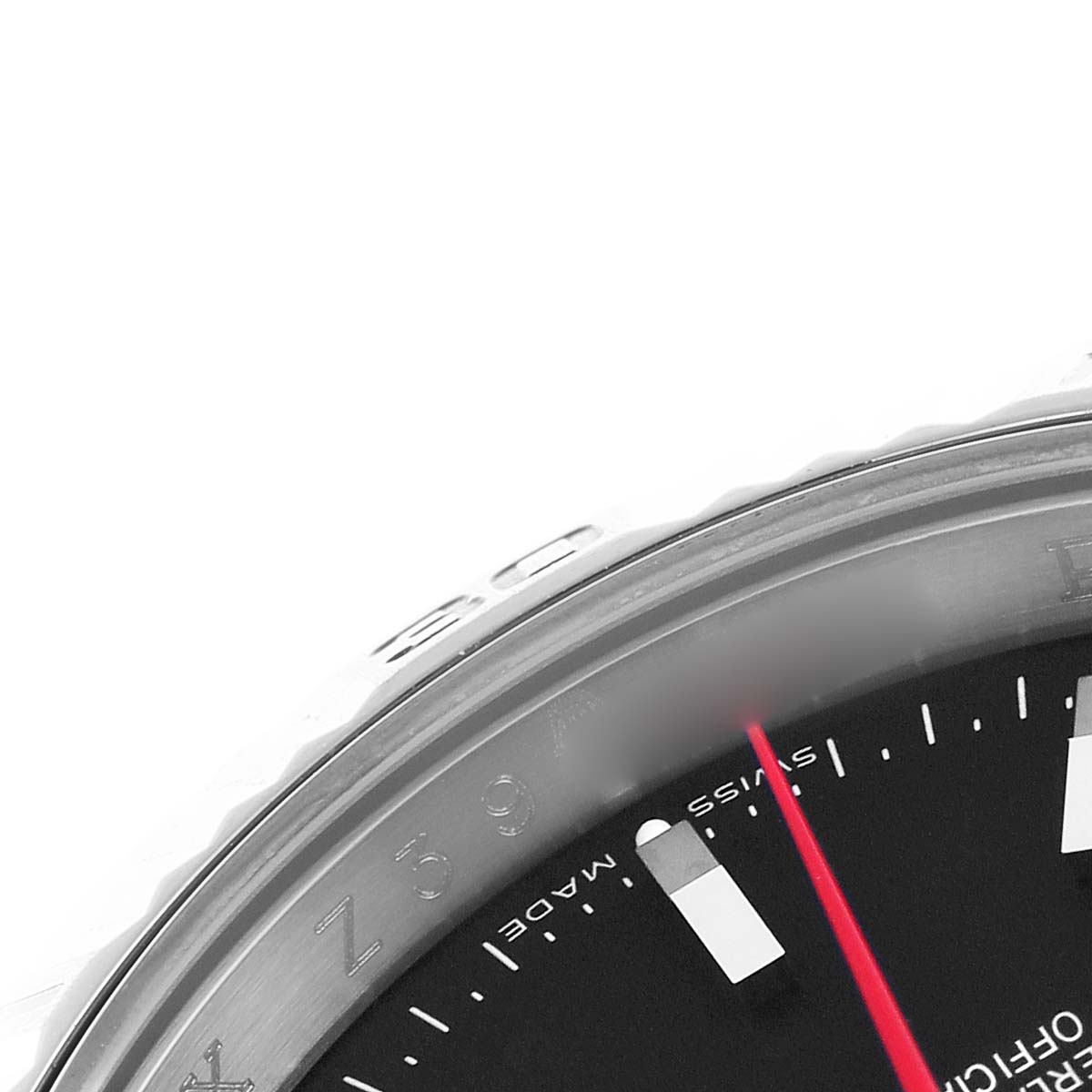 The image shows a close-up of the bezel and dial edge of the Rolex Turn-o-Graph 116264 Men's Stainless Steel Black Dial 116264 Men's Stainless Steel Black Dial, highlighting indices and part of the second hand.