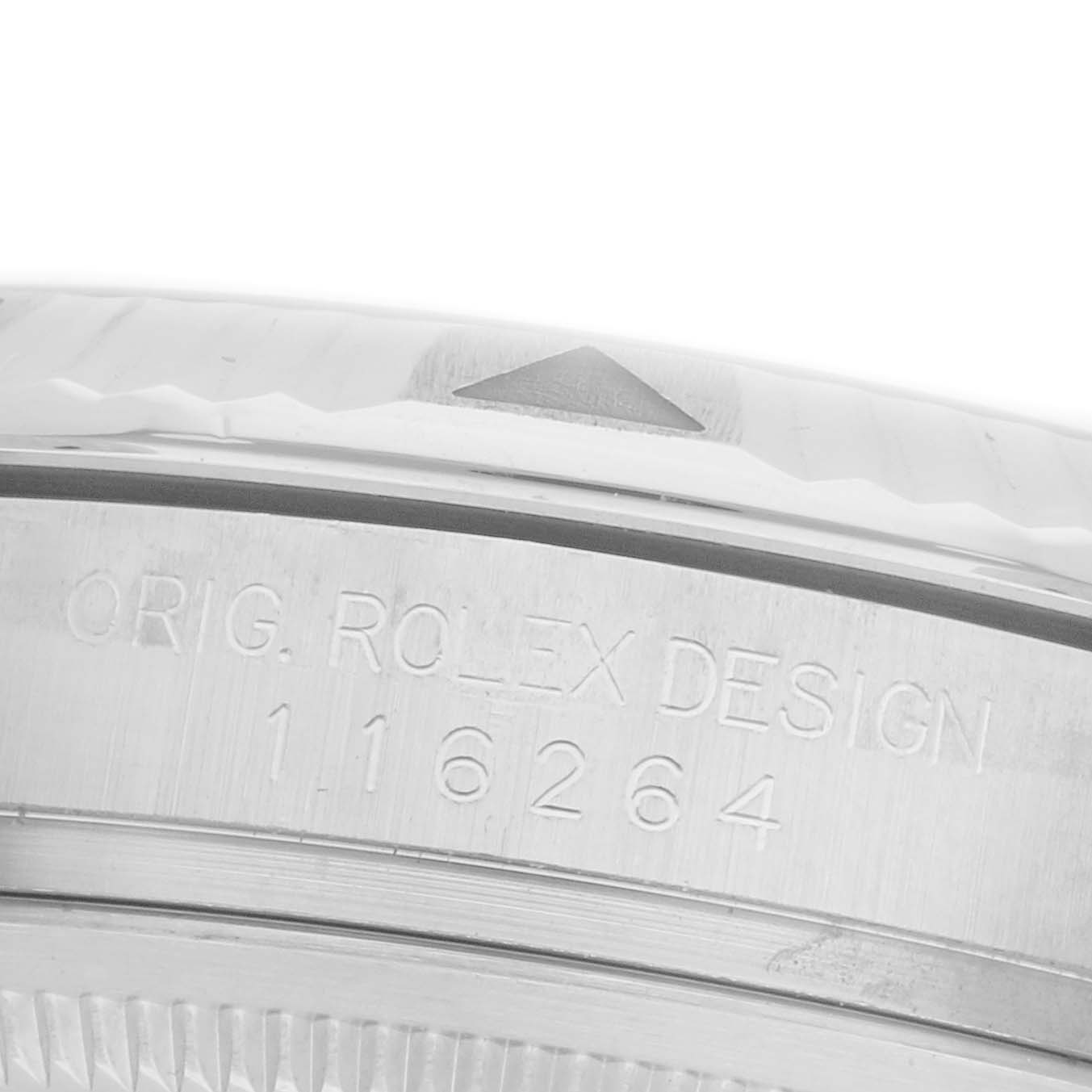 The image shows a close-up angle of the Rolex Turn-o-Graph 116264 Men's Stainless Steel Black Dial 116264 Men's Stainless Steel Black Dial case, highlighting the engraved model number and design details.
