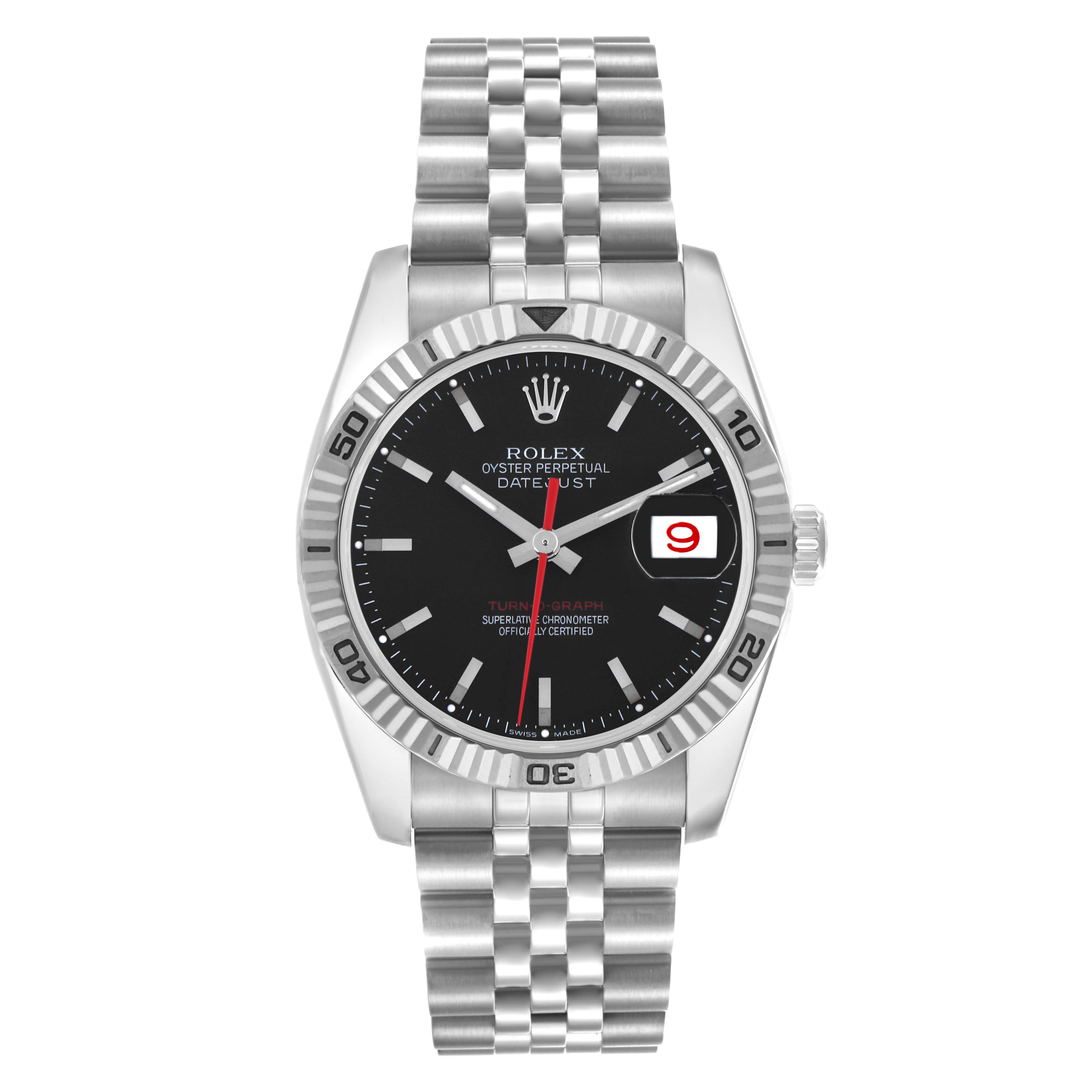 The Rolex Turn-o-Graph 116264 Men's Stainless Steel Black Dial 116264 Men's Stainless Steel Black Dial watch is shown from the front, highlighting its dial, bezel, case, and bracelet.