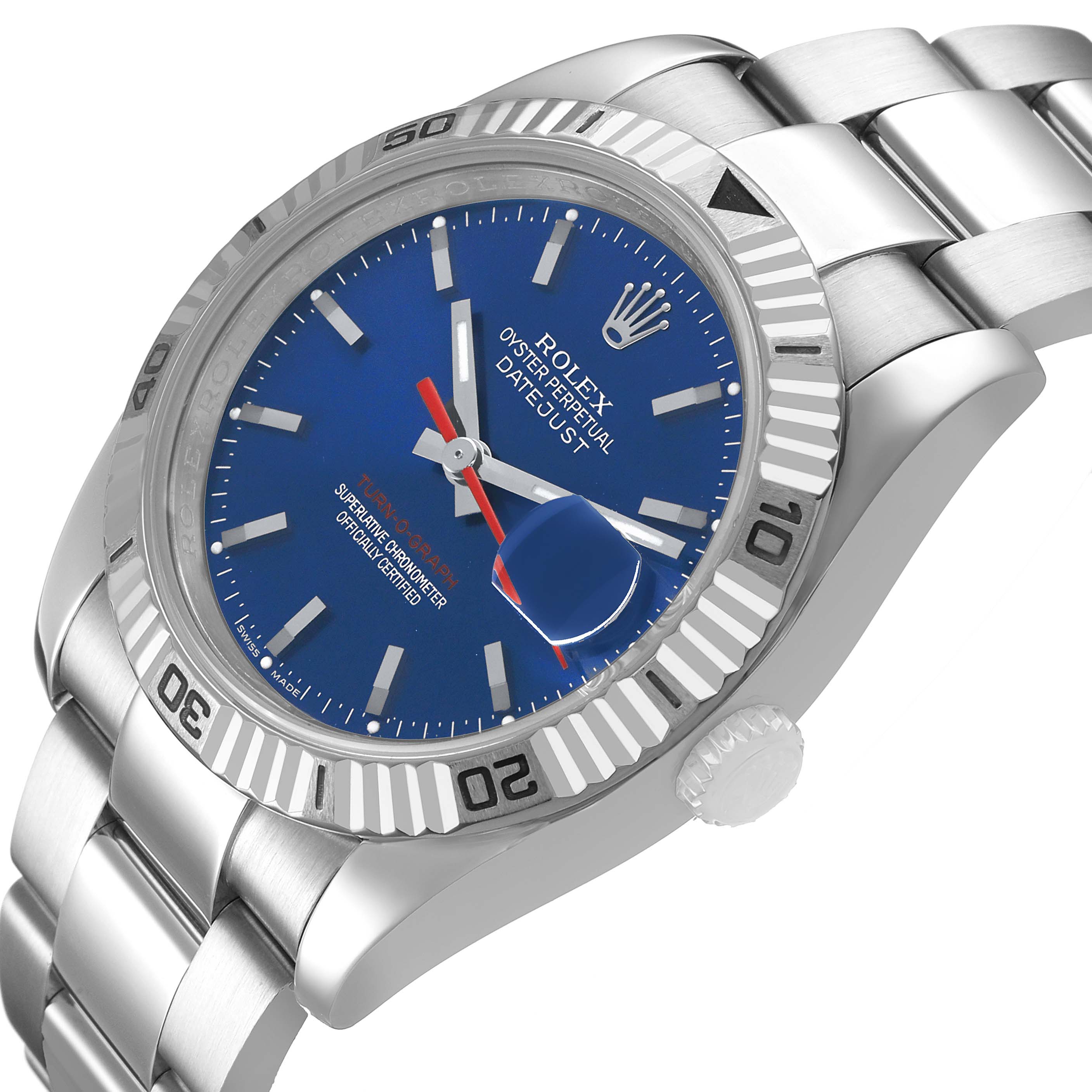 The Rolex Turn-o-Graph 116264 Men's Stainless Steel Blue Dial is shown at a three-quarter angle, highlighting the blue dial, bezel, and part of the bracelet.