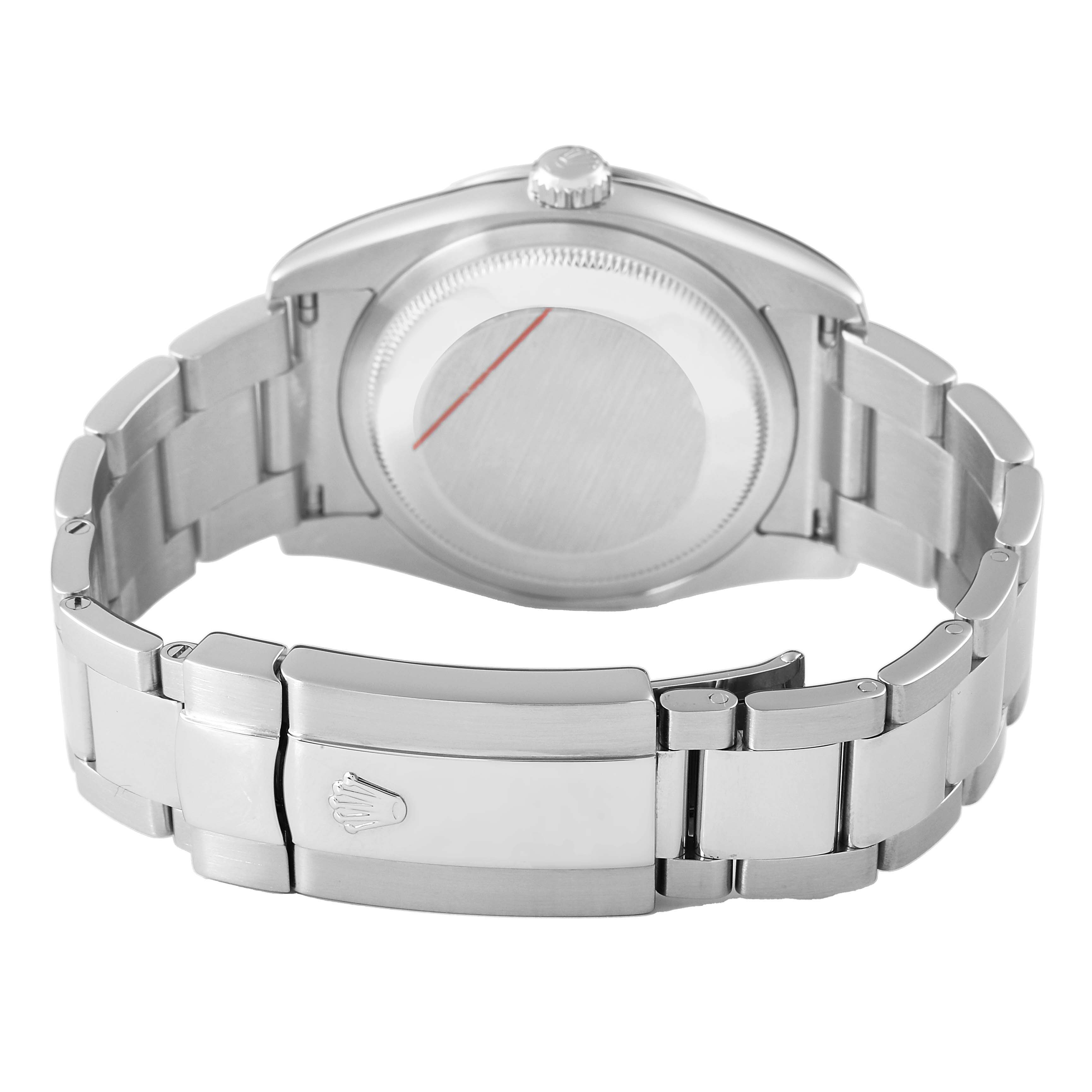 The image shows the back of a Rolex Turn-o-Graph 116264 Men's Stainless Steel Blue Dial watch, highlighting the bracelet and clasp.