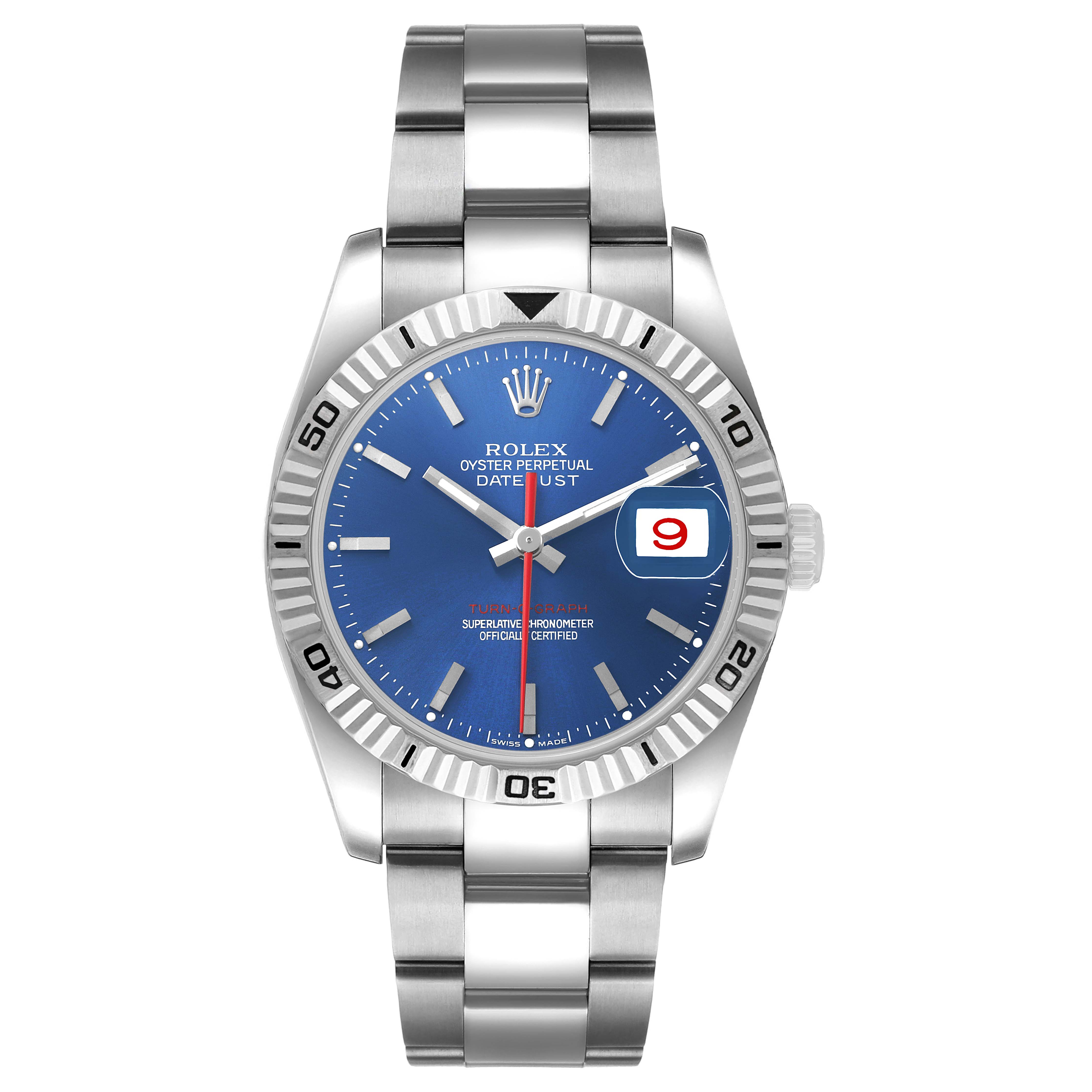 The Rolex Turn-o-Graph 116264 Men's Stainless Steel Blue Dial watch is shown from a front angle, displaying its bezel, blue dial, bracelet, and date window.
