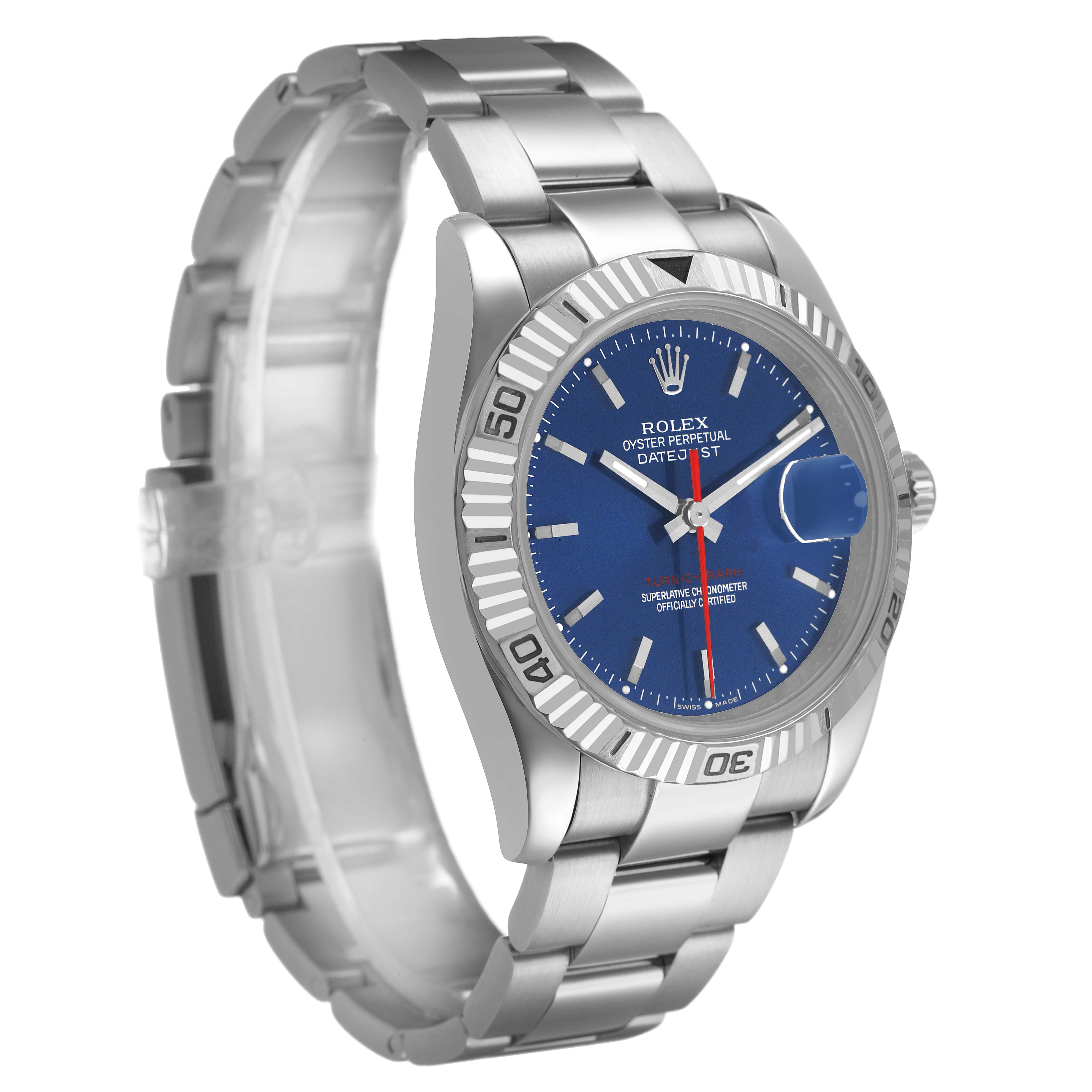 The Rolex Turn-o-Graph 116264 Men's Stainless Steel Blue Dial watch is shown at an angle highlighting the face, bezel, and part of the bracelet.