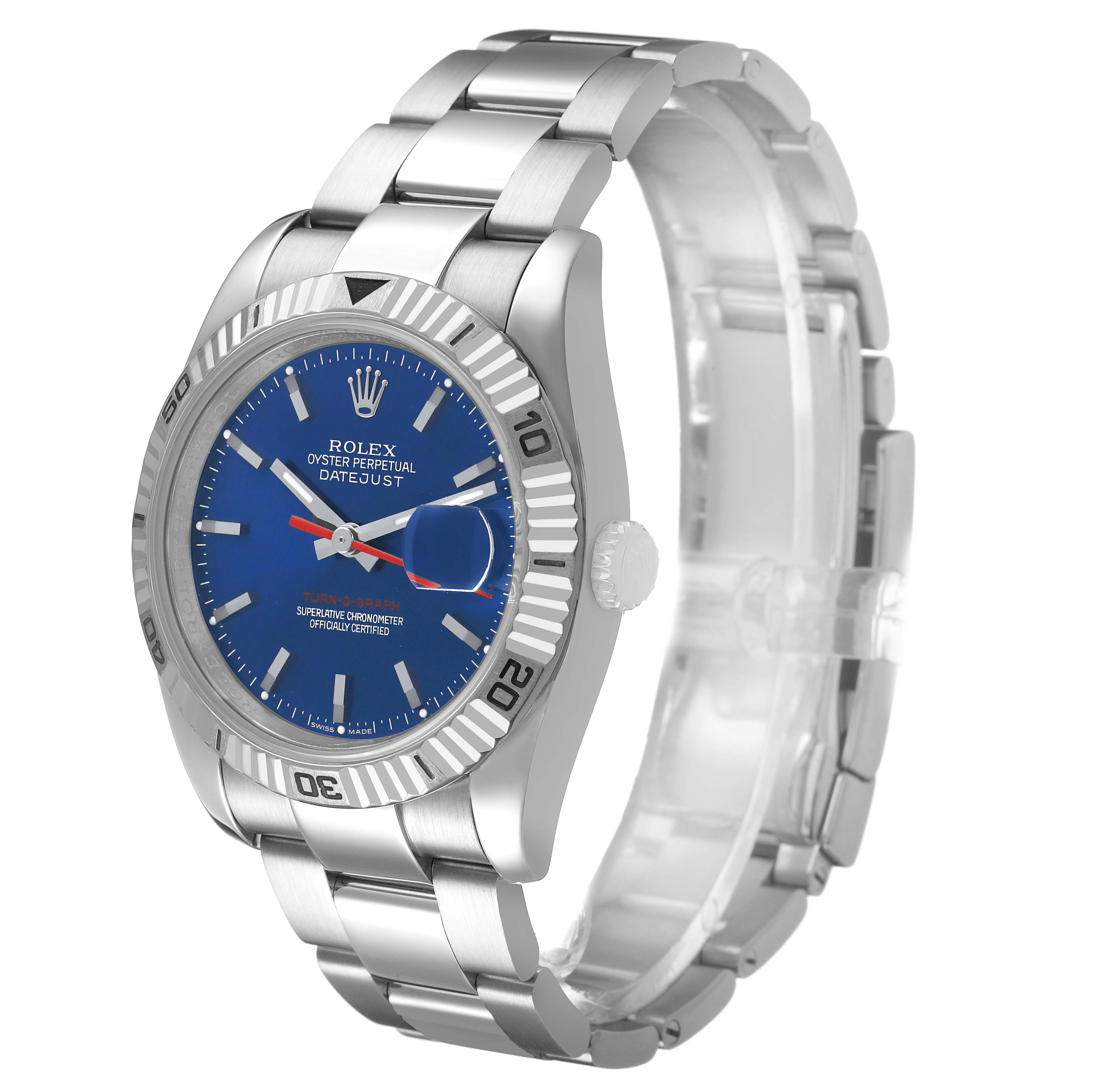 The Rolex Turn-o-Graph 116264 Men's Stainless Steel Blue Dial watch is shown from an angled side view highlighting the blue dial, bezel, and bracelet.