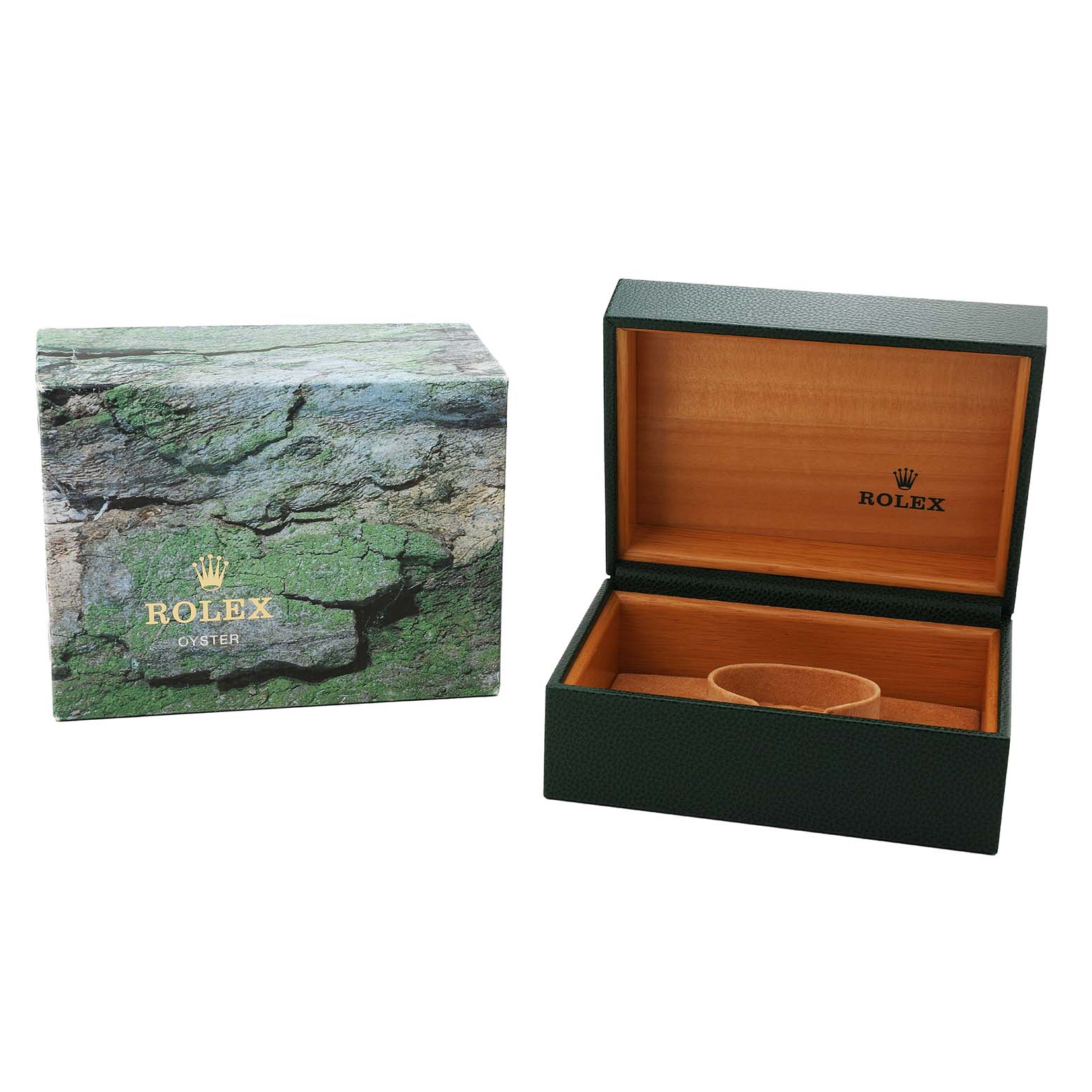 The image shows a Rolex Turn-o-Graph 116264 Men's Stainless Steel Blue Dial model box set, including an outer box with a green textured cover and an open inner wooden box.