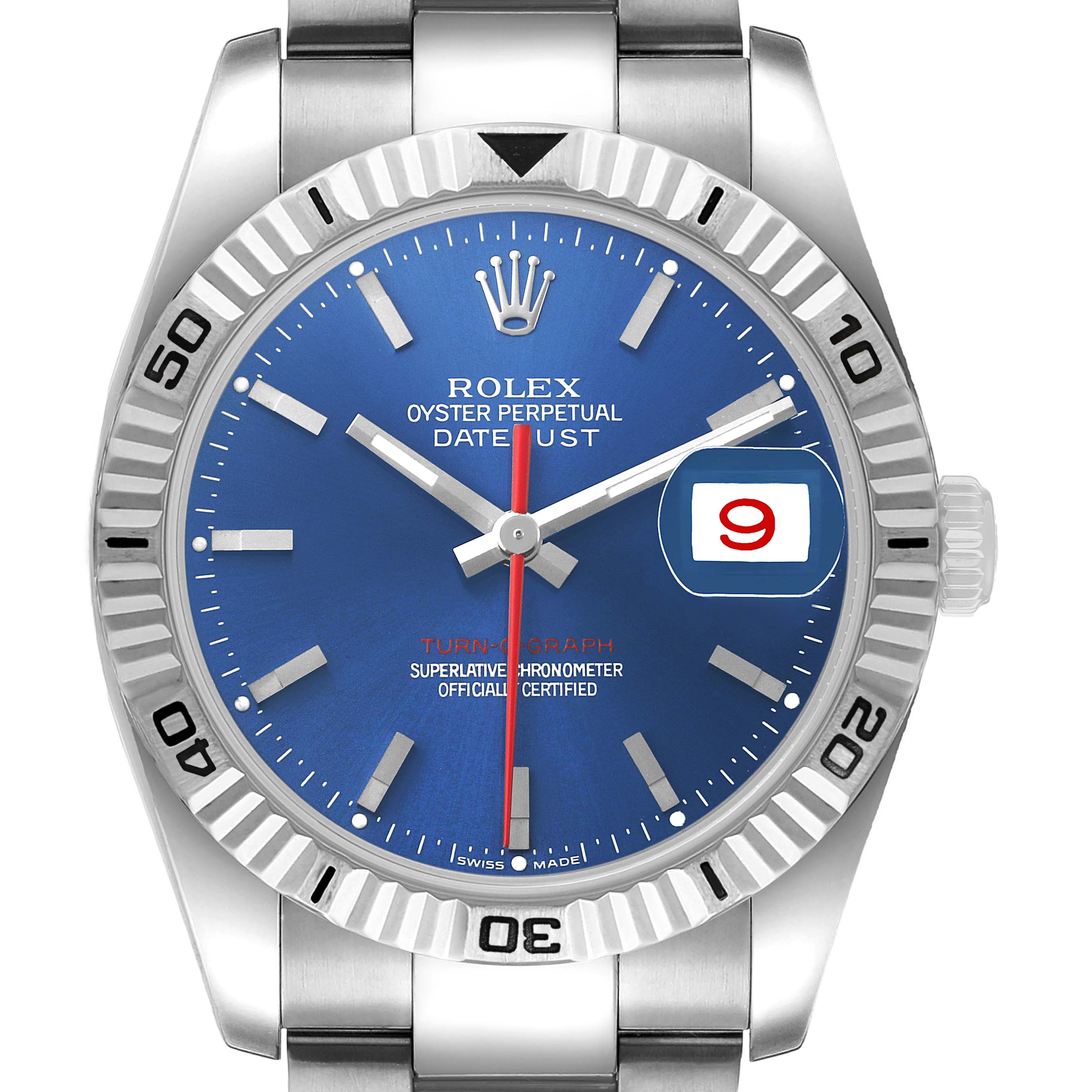 The Rolex Turn-o-Graph 116264 Men's Stainless Steel Blue Dial watch is shown from the front, highlighting its blue dial, bezel, and date window.