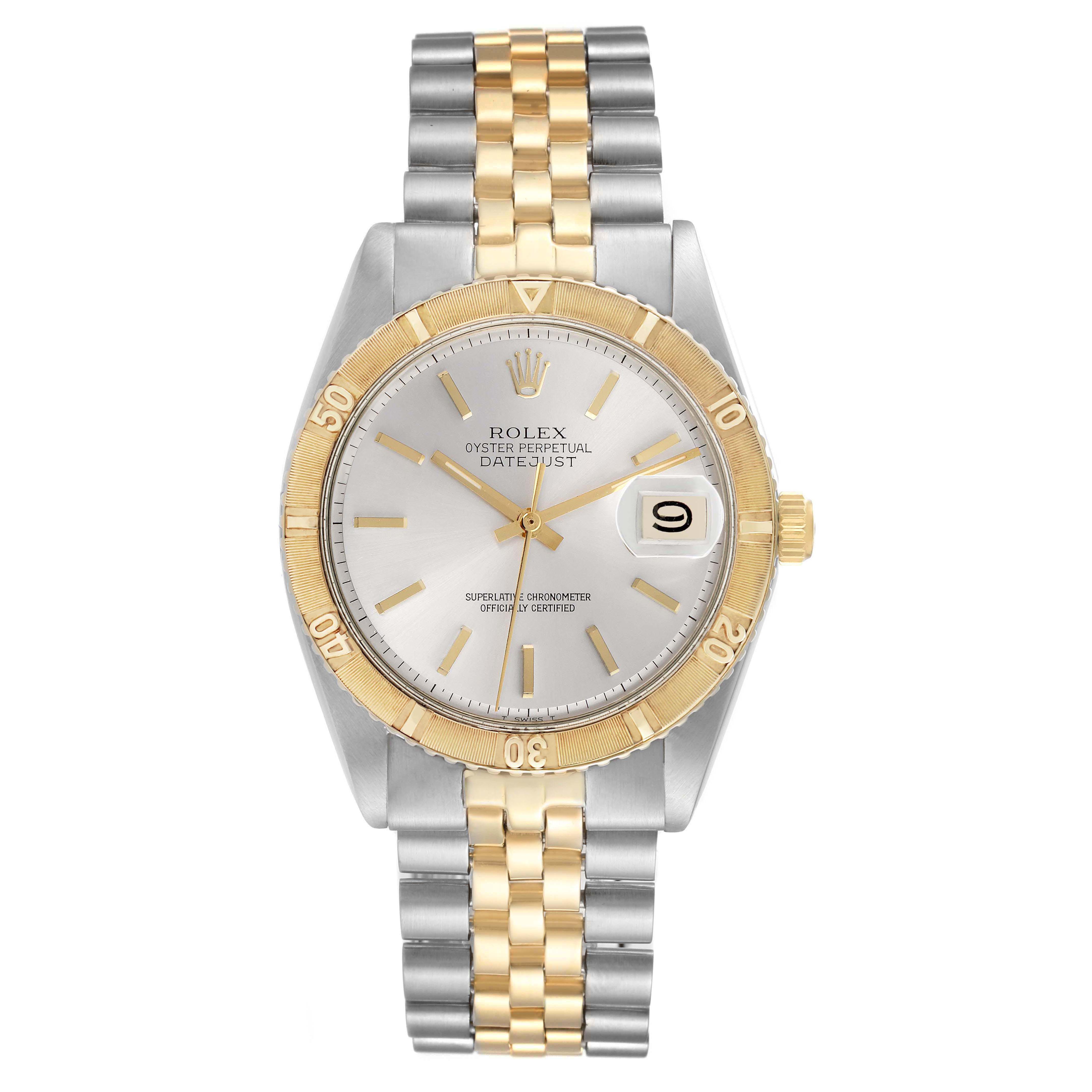 The image shows a frontal view of a Rolex Turn-o-Graph 1625 Men's Steel and Gold (two tone) Silver Dial 1625 Men's Steel and Gold (two tone) Silver Dial watch, highlighting its two-tone bracelet and bezel, plus the date window.