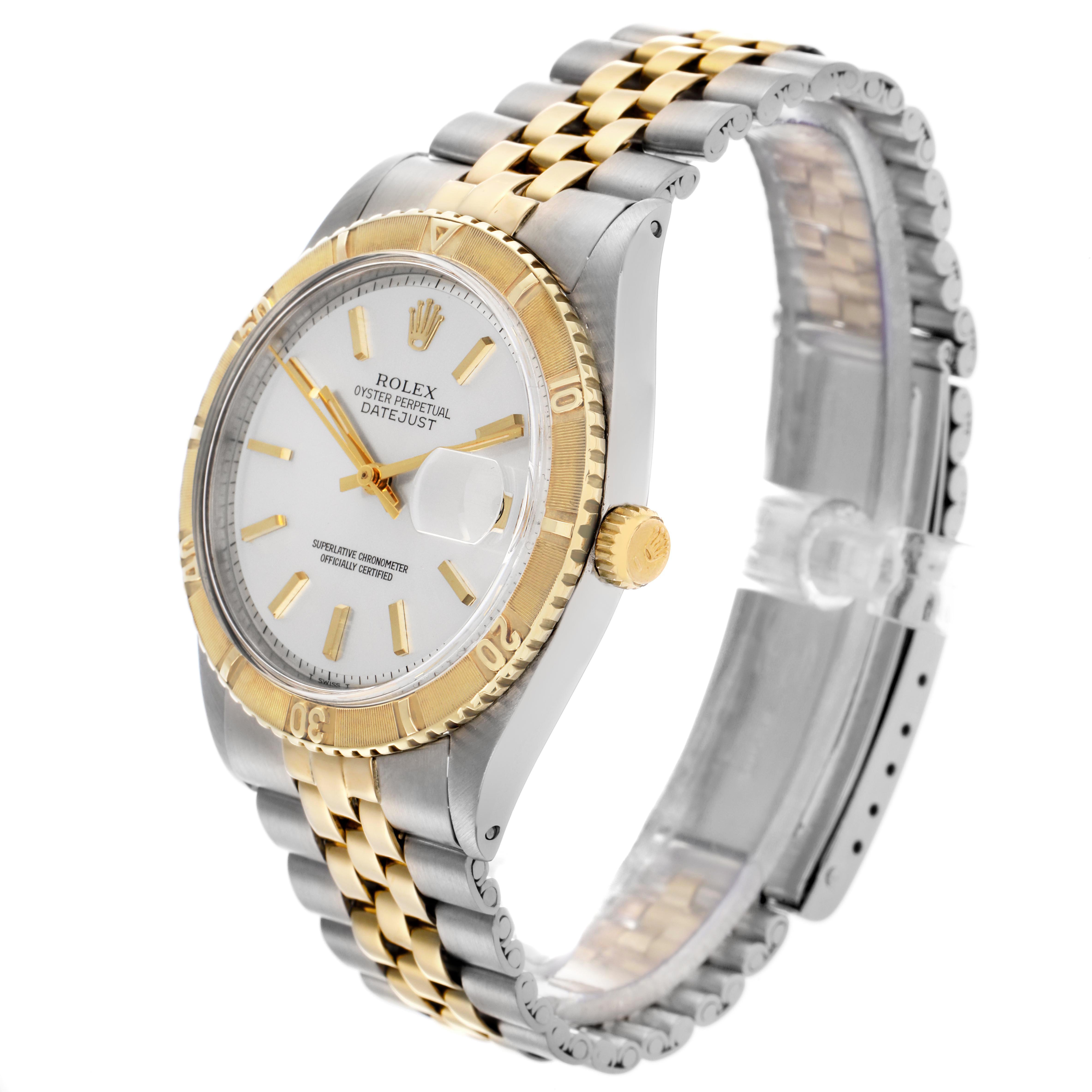 The Rolex Turn-o-Graph 1625 Men's Steel and Gold (two tone) Silver Dial 1625 Men's Steel and Gold (two tone) Silver Dial watch is shown at a three-quarter angle, featuring the dial, bezel, crown, and bracelet.