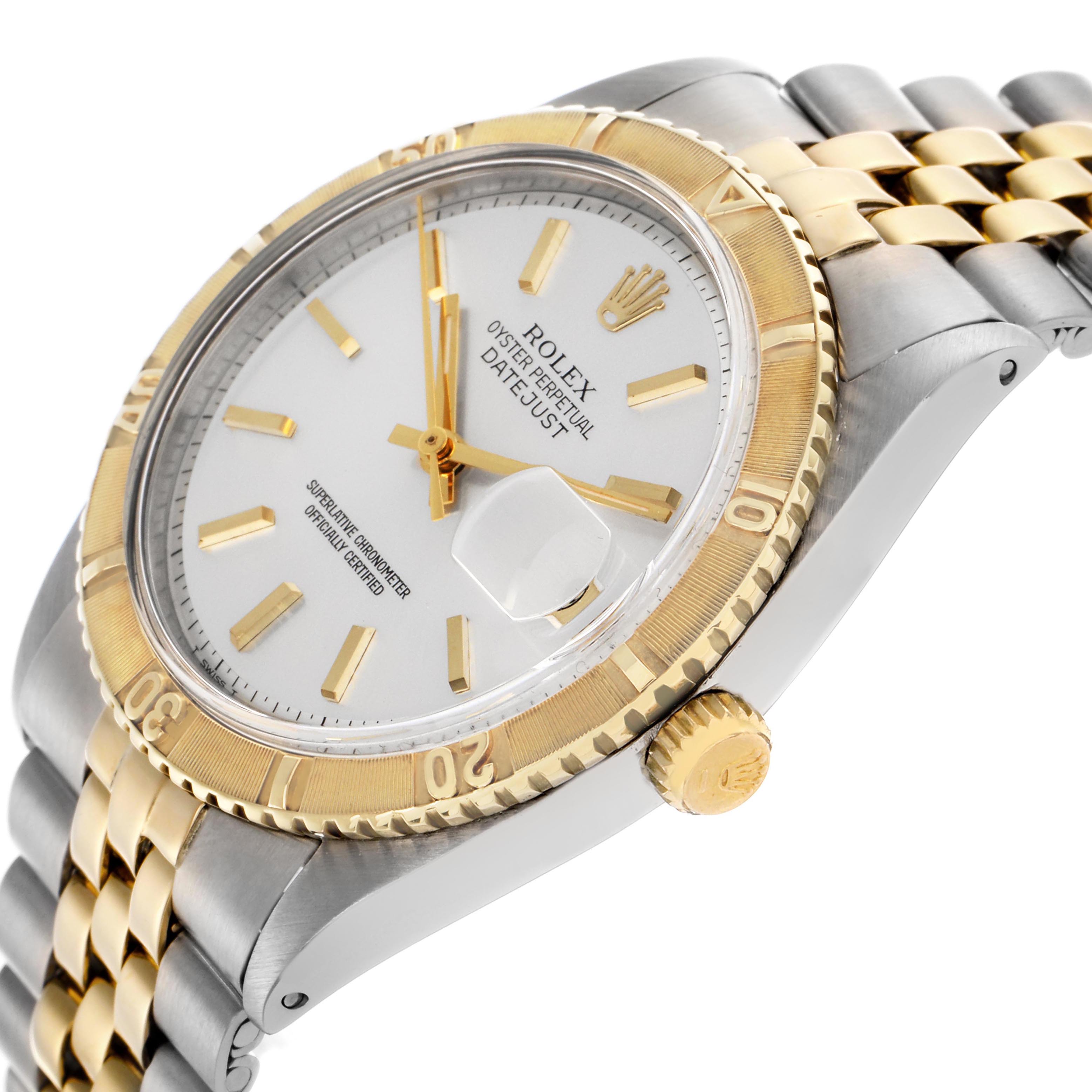 The Rolex Turn-o-Graph 1625 Men's Steel and Gold (two tone) Silver Dial 1625 Men's Steel and Gold (two tone) Silver Dial watch is shown at a slight angle, highlighting the dial, bezel, crown, and bracelet.