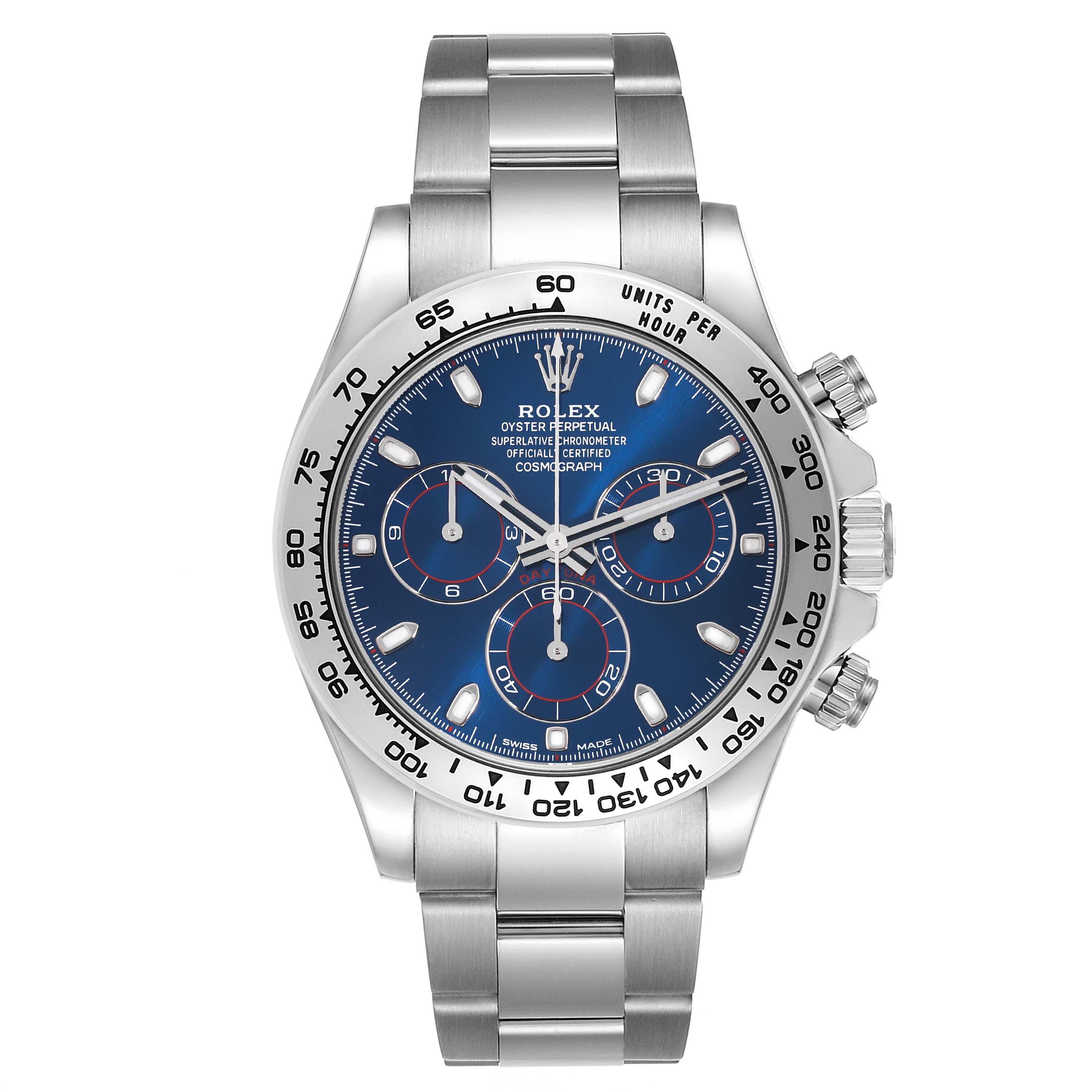 The Rolex Daytona 116509 Men's White Gold Blue Dial 116509 Men's White Gold Blue Dial model watch is shown from a frontal angle, highlighting the dial, bezel, and bracelet.