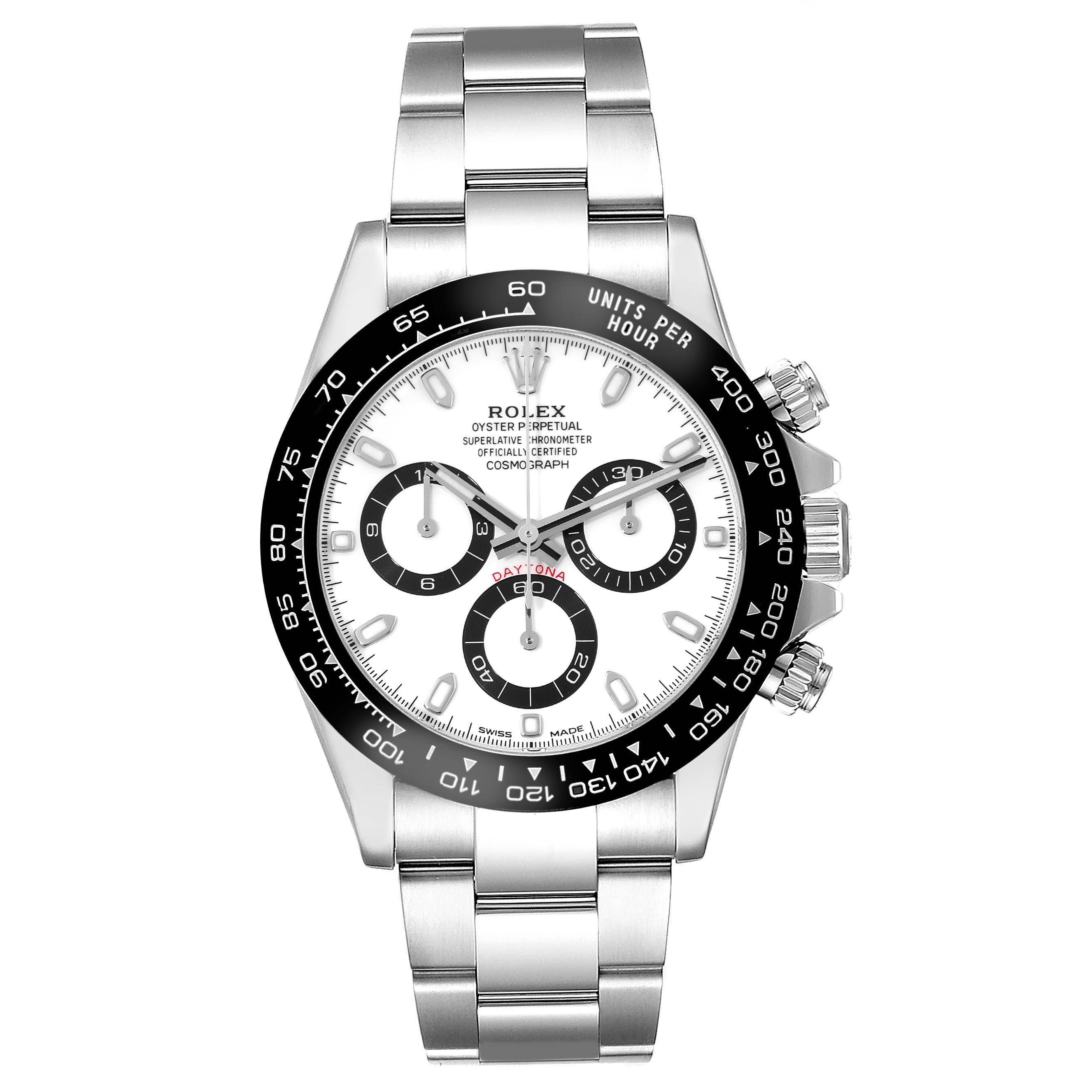 This image shows a Rolex Daytona 116500LN Men's Stainless Steel White Dial 116500LN Men's Stainless Steel White Dial watch with a silver bracelet, black bezel, and three sub-dials on a white face from a front angle.