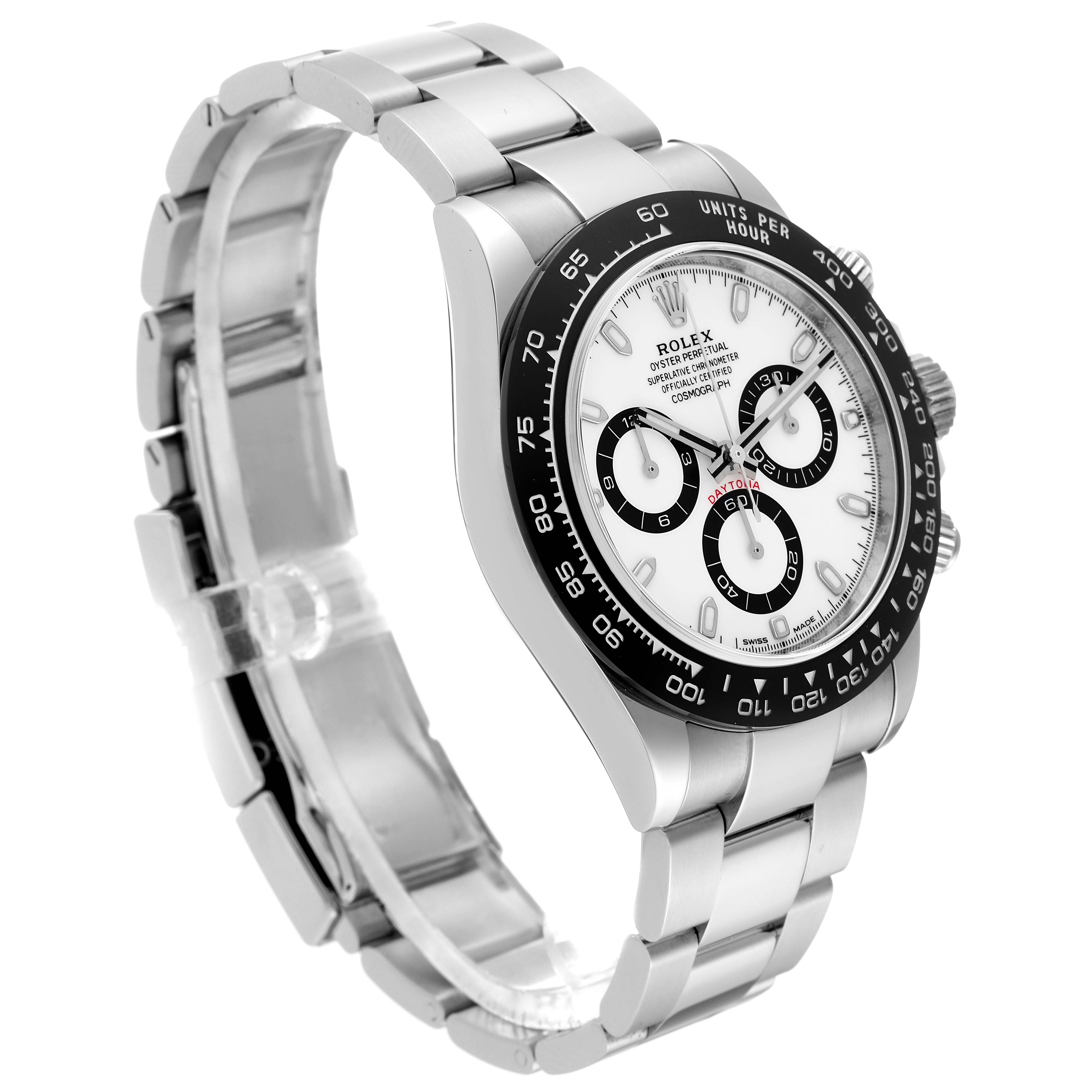 The Rolex Daytona 116500LN Men's Stainless Steel White Dial 116500LN Men's Stainless Steel White Dial watch is shown at a three-quarter angle, highlighting the bezel, dial, and stainless steel bracelet.