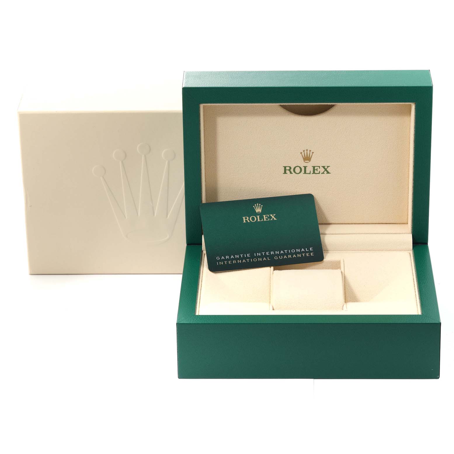 The image shows a Rolex Daytona 116500LN Men's Stainless Steel White Dial 116500LN Men's Stainless Steel White Dial watch box and a guarantee card, angled from the front.